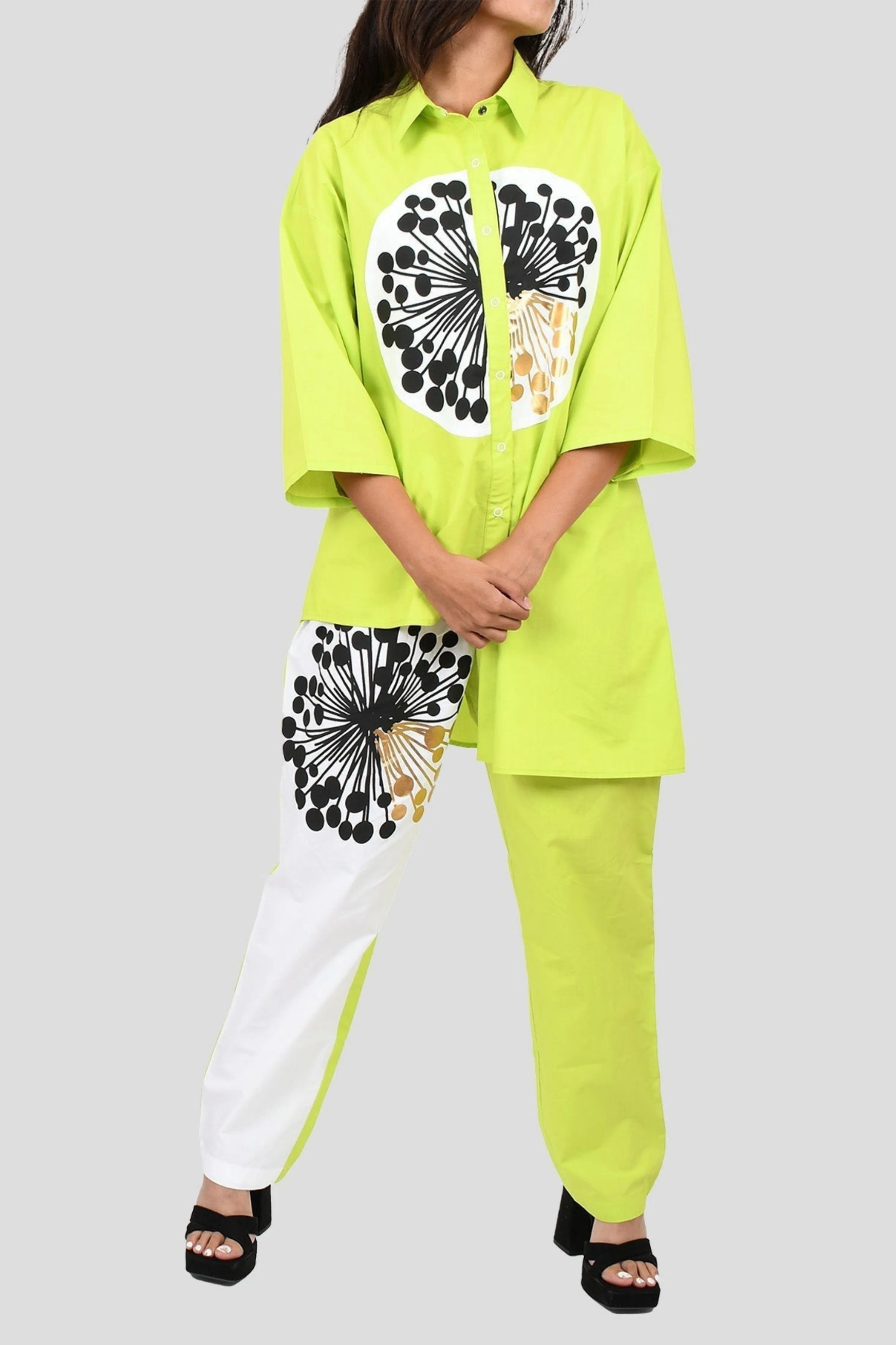 Neon Green Cotton Co-Ord Set With Oversized Shirt And Straight Pants