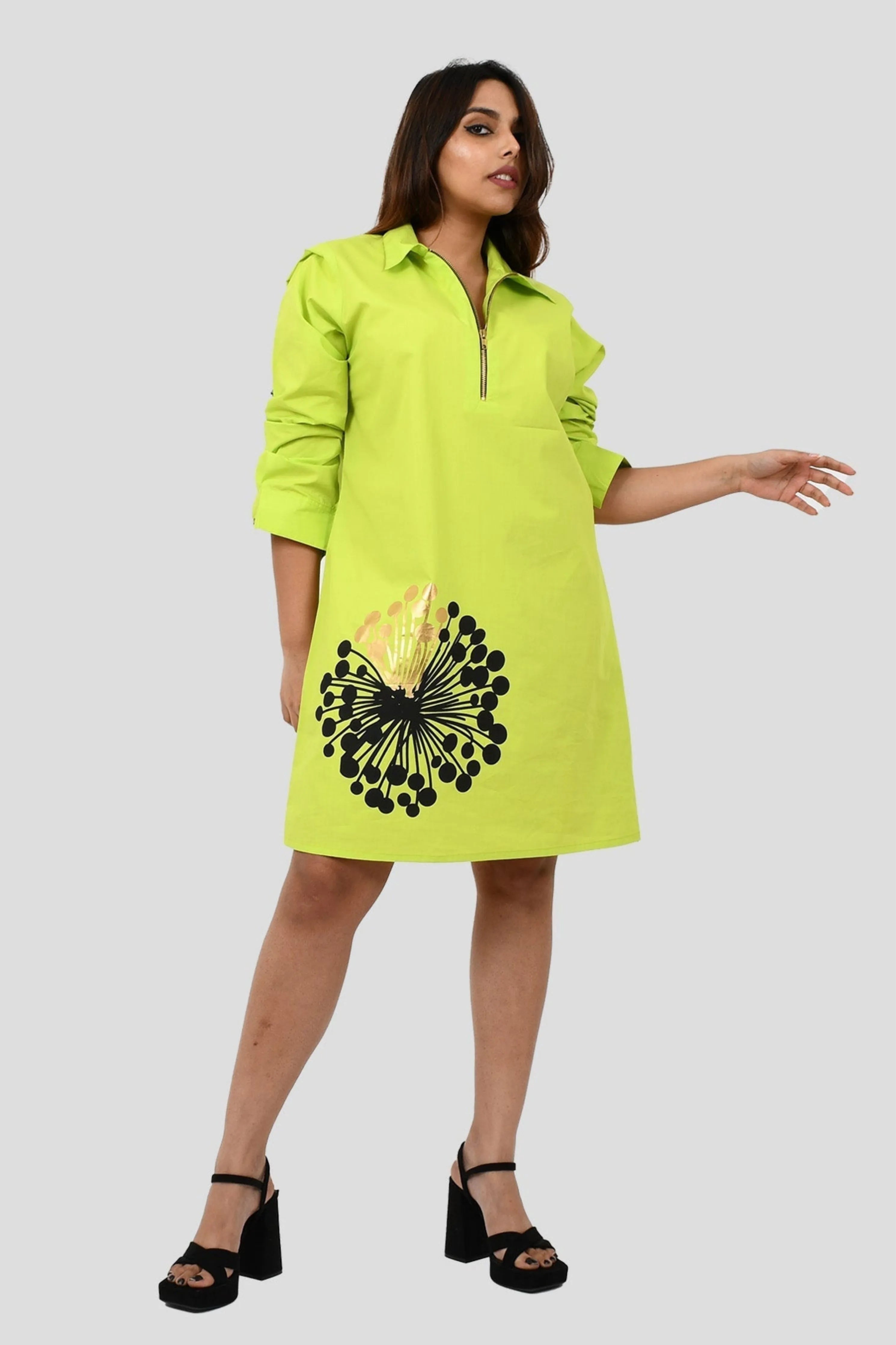 Neon Green One Piece Cotton Dress With Print