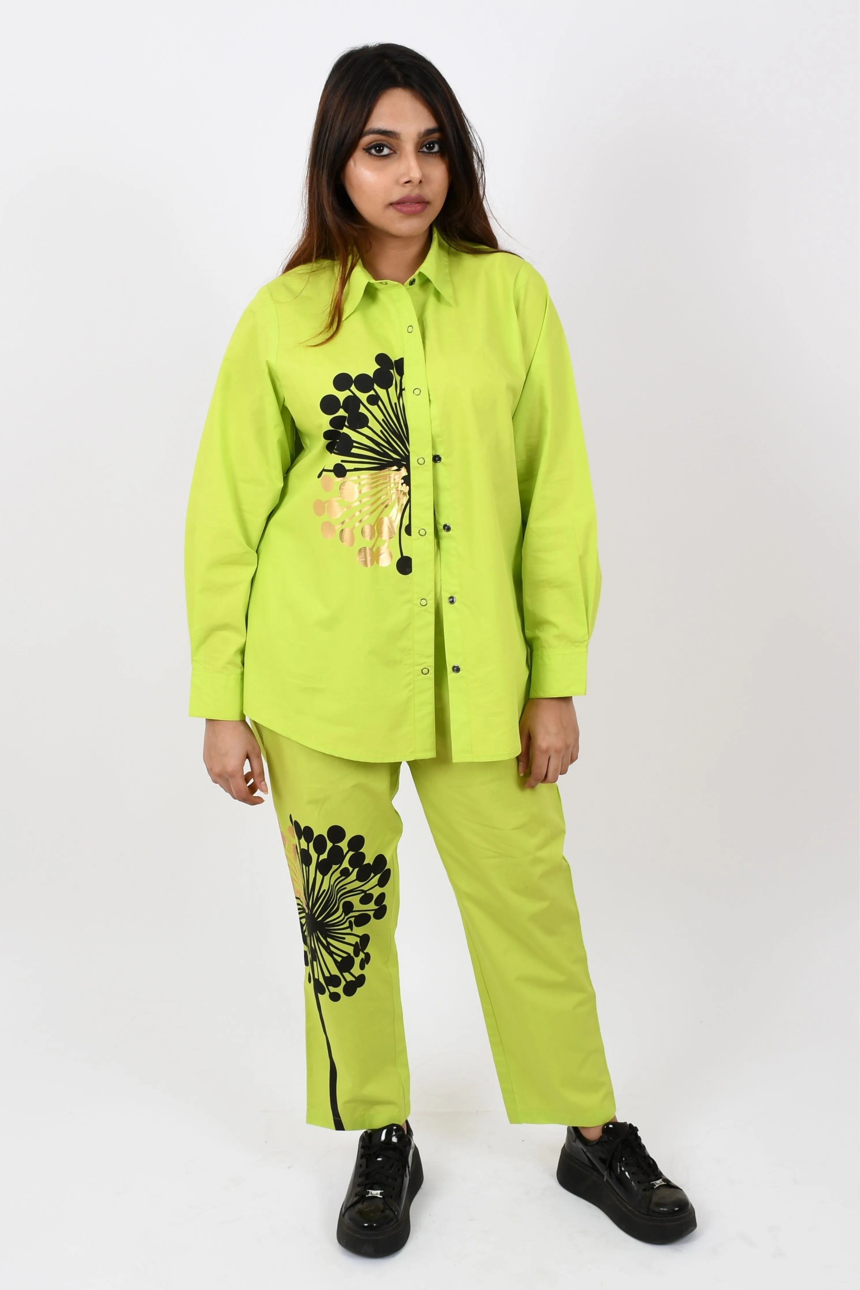 Neon Green Comfort Fit Cotton Shirt With PrintNeon