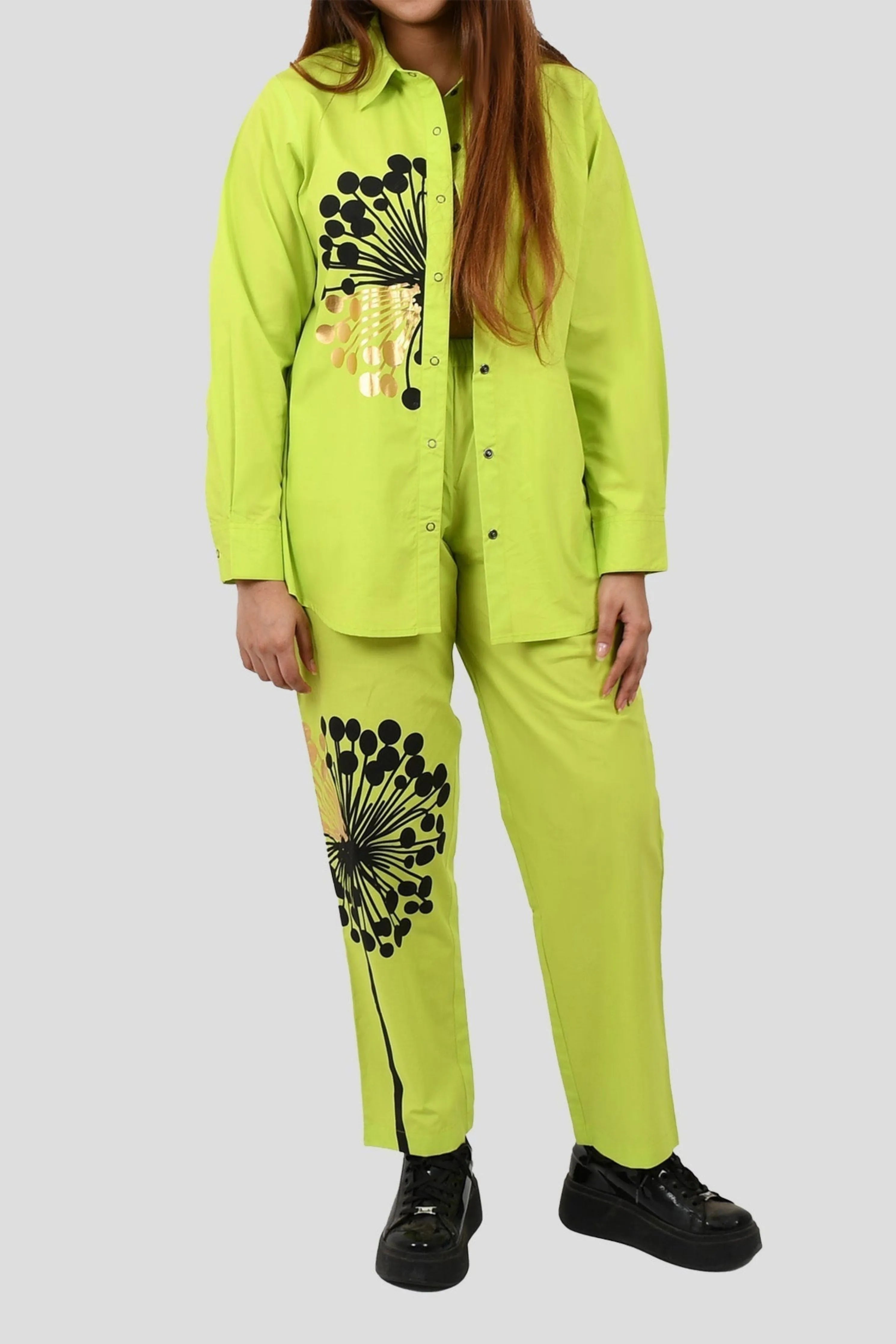 Neon Green Comfort Fit Cotton Shirt With PrintNeon