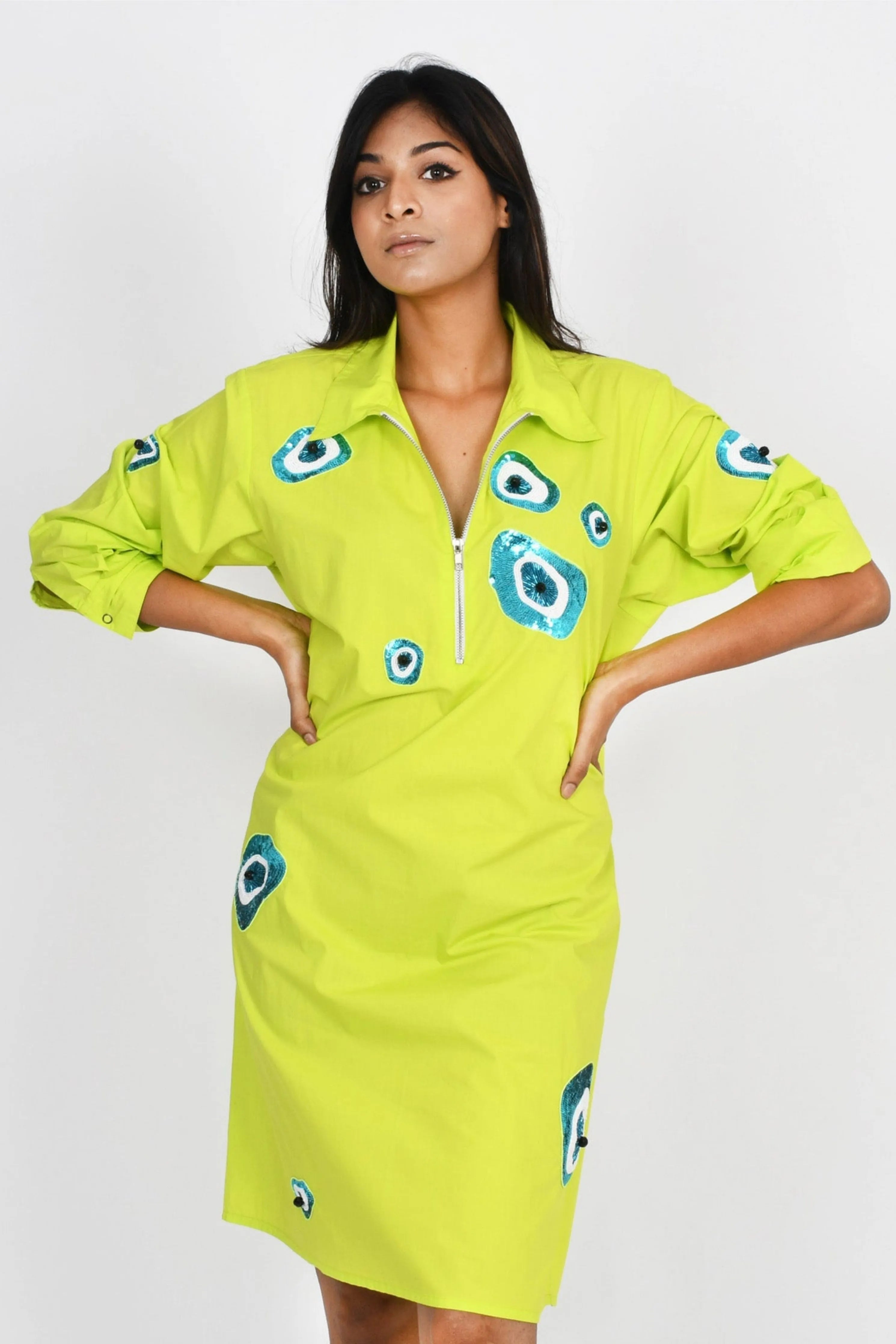Neon Green One Piece Cotton Dress With Embroidery