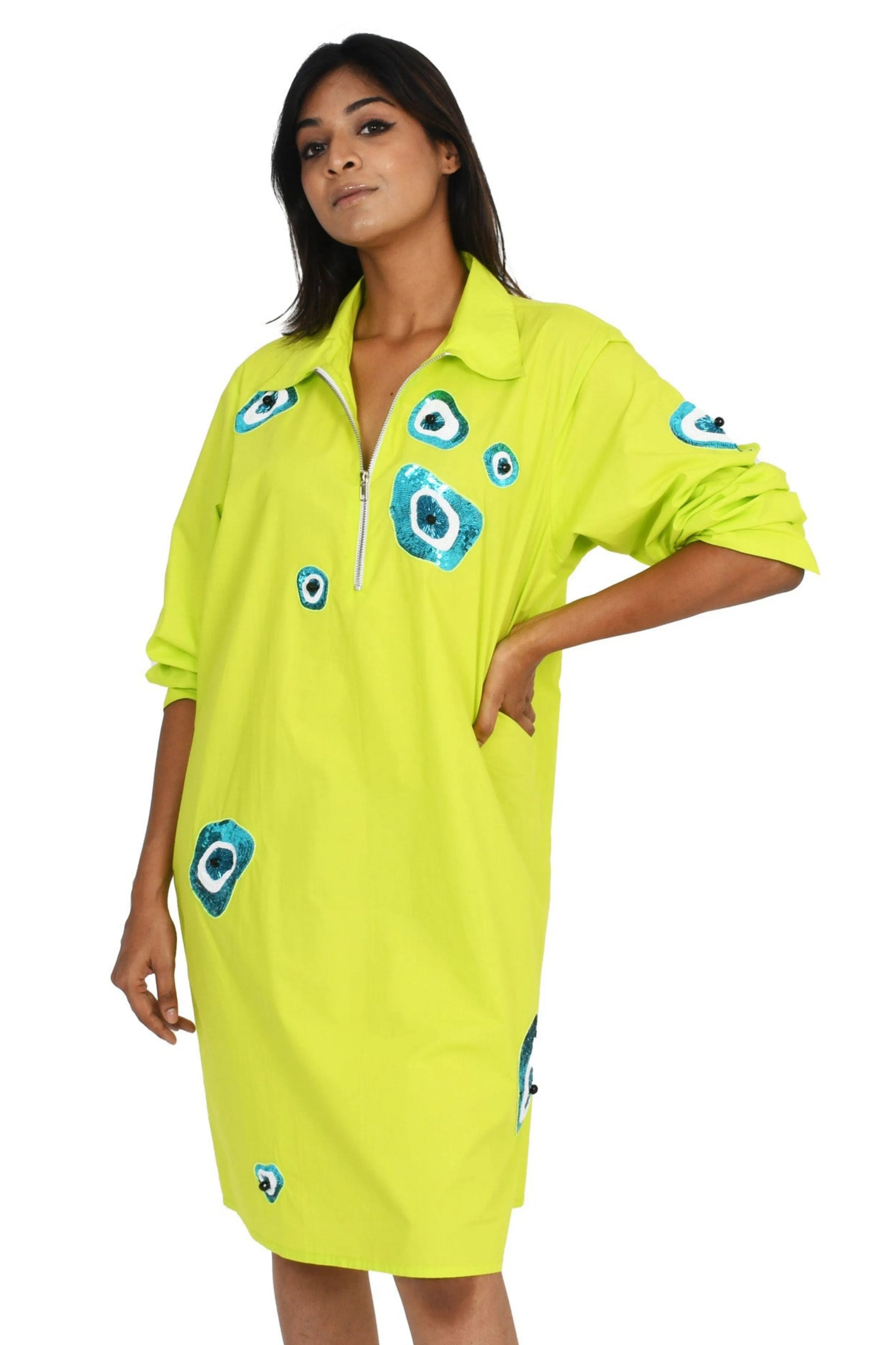Neon Green One Piece Cotton Dress With Embroidery