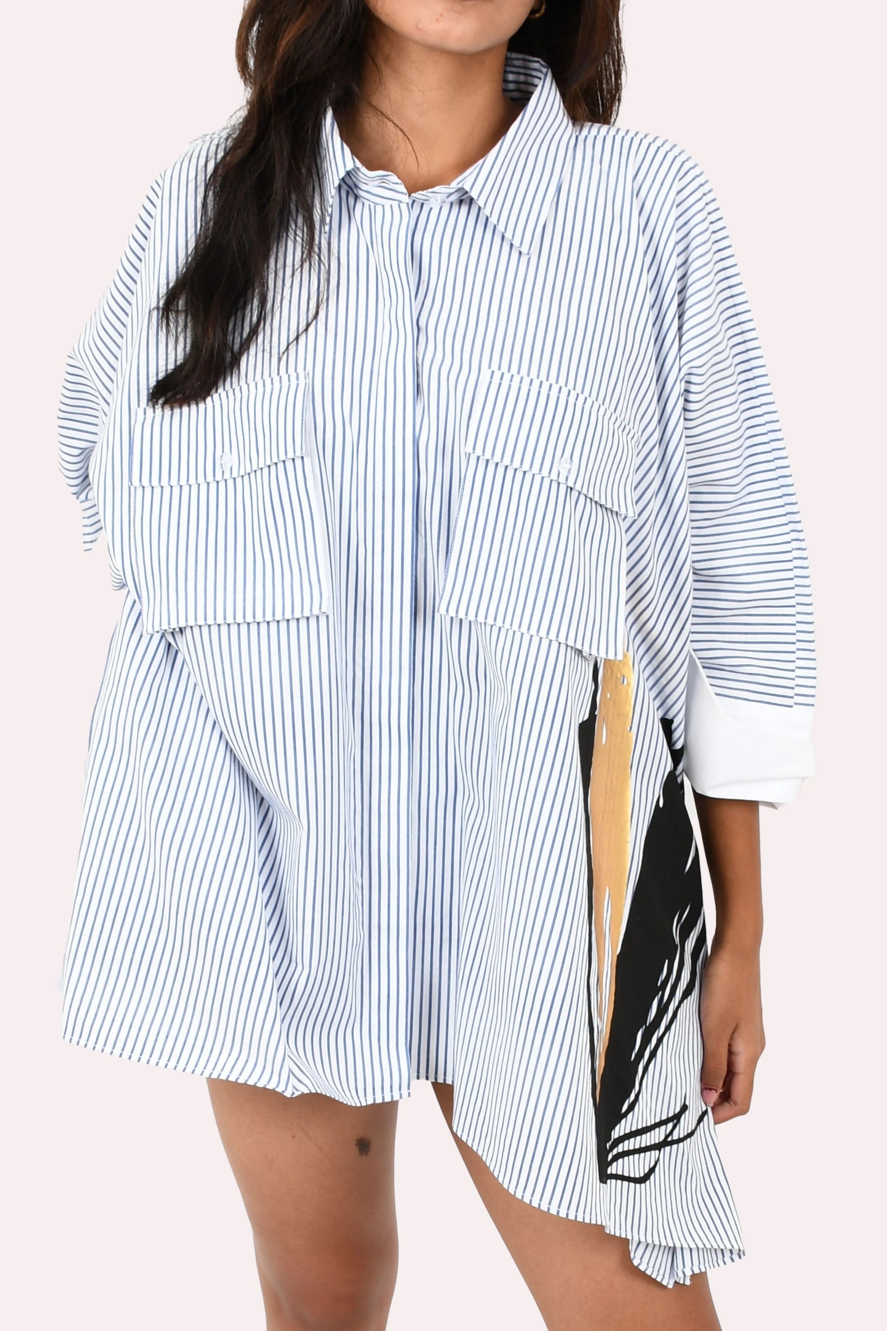 White & Blue Cotton Loose Fit Poncho Shirt With Pockets
