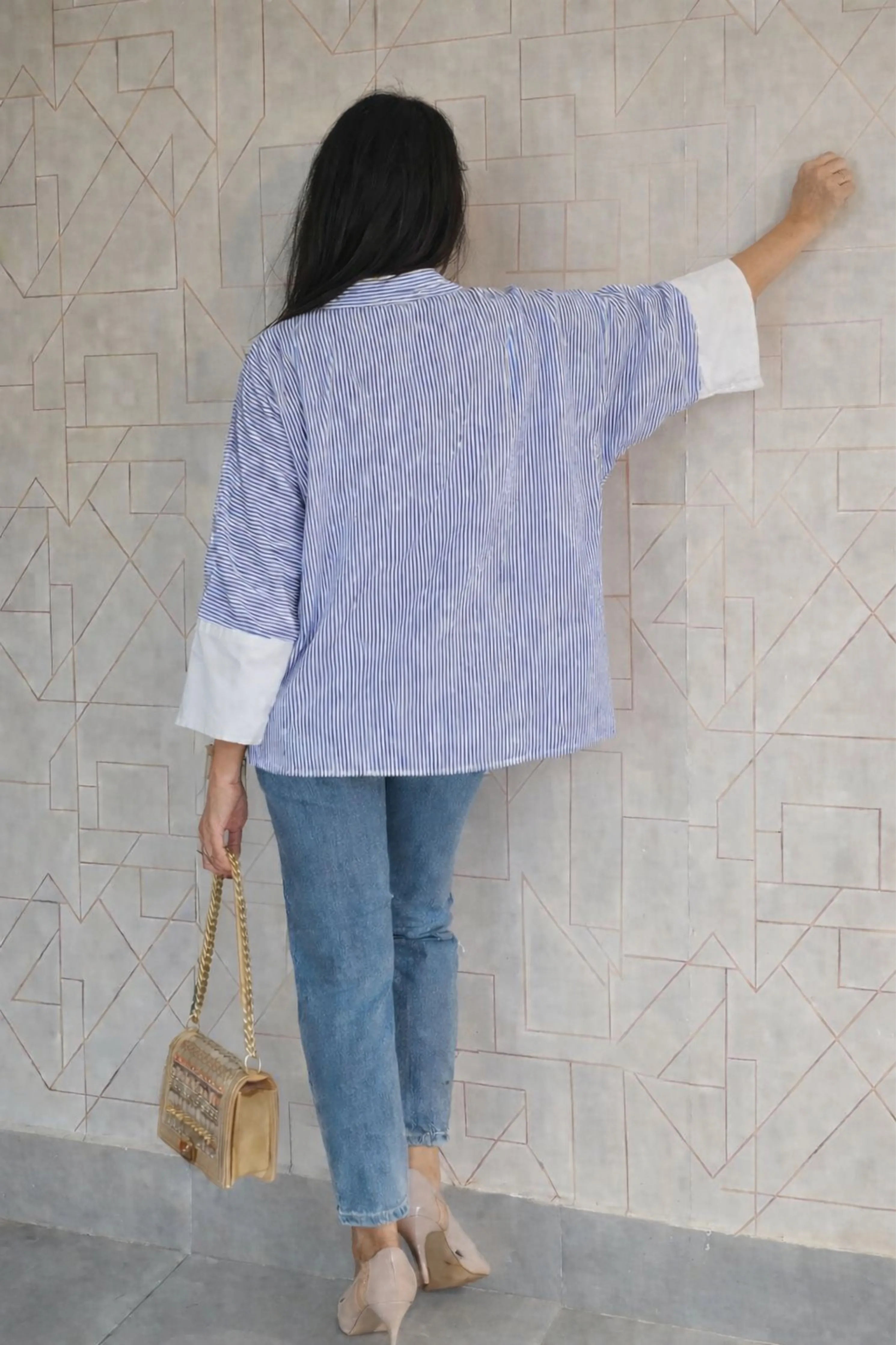 White & Blue Cotton Loose Fit Poncho Shirt With Pockets