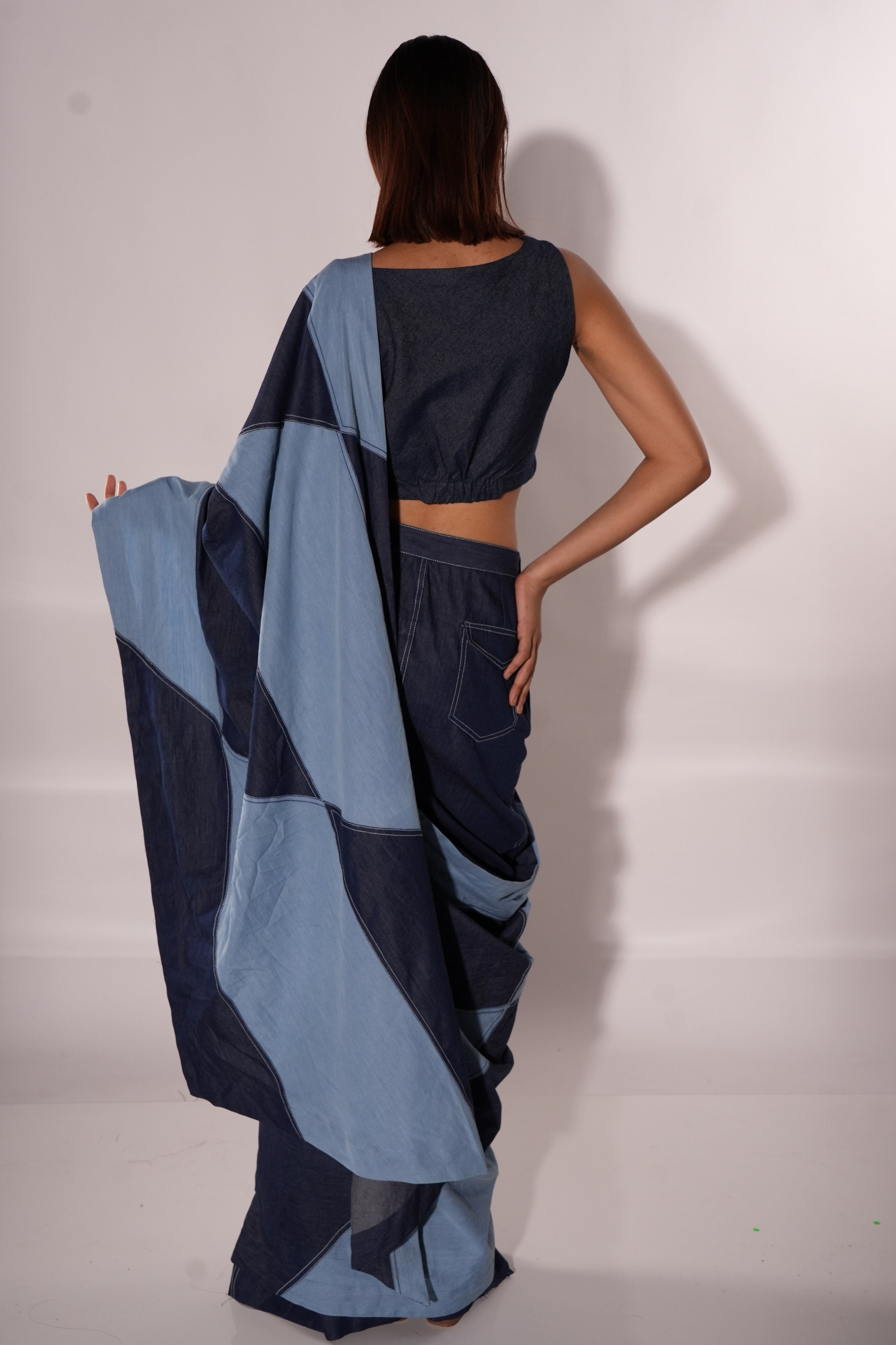 Blue Denim Patchwork Square Pre-stitched Saree