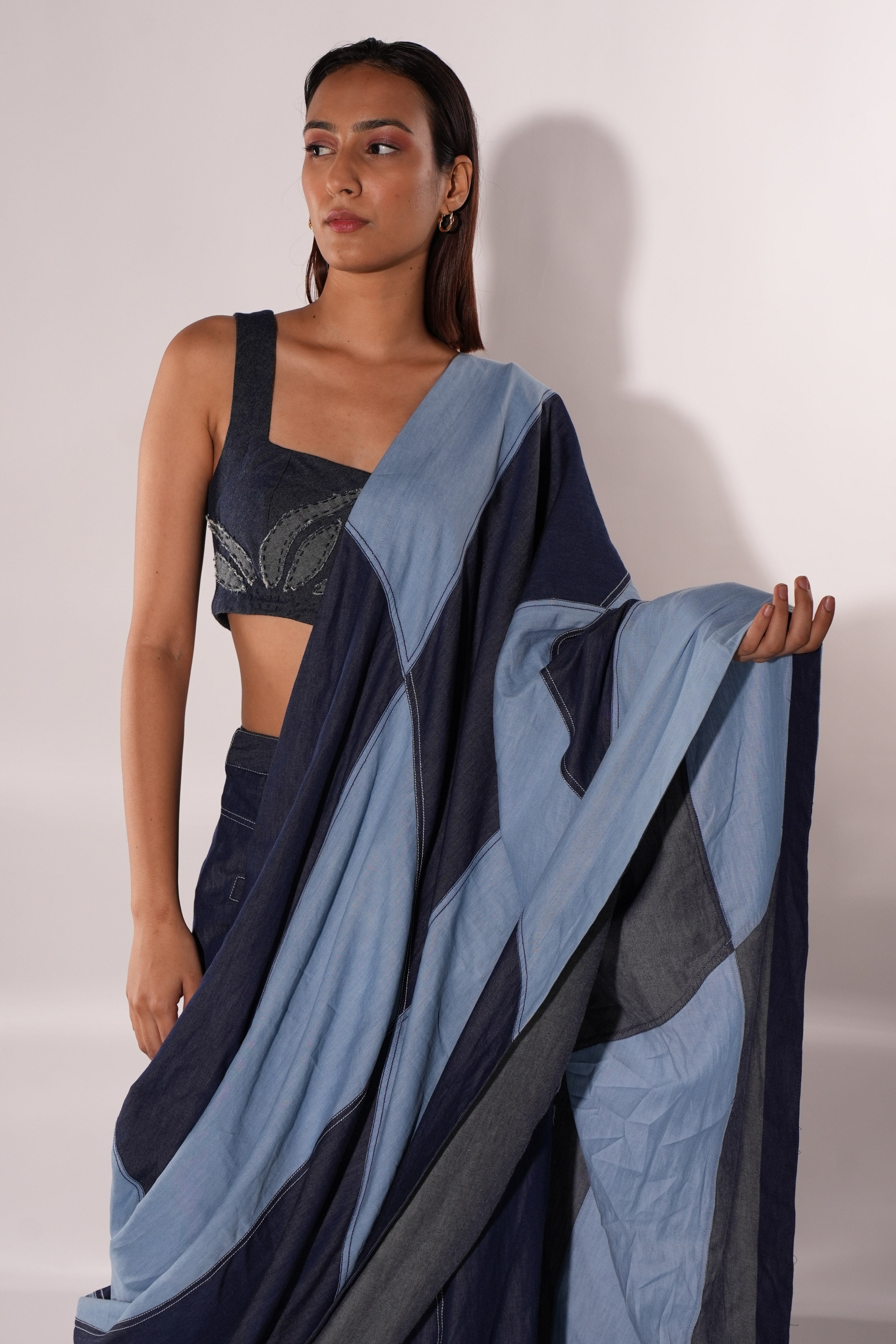 Blue Denim Patchwork Square Pre-stitched Saree