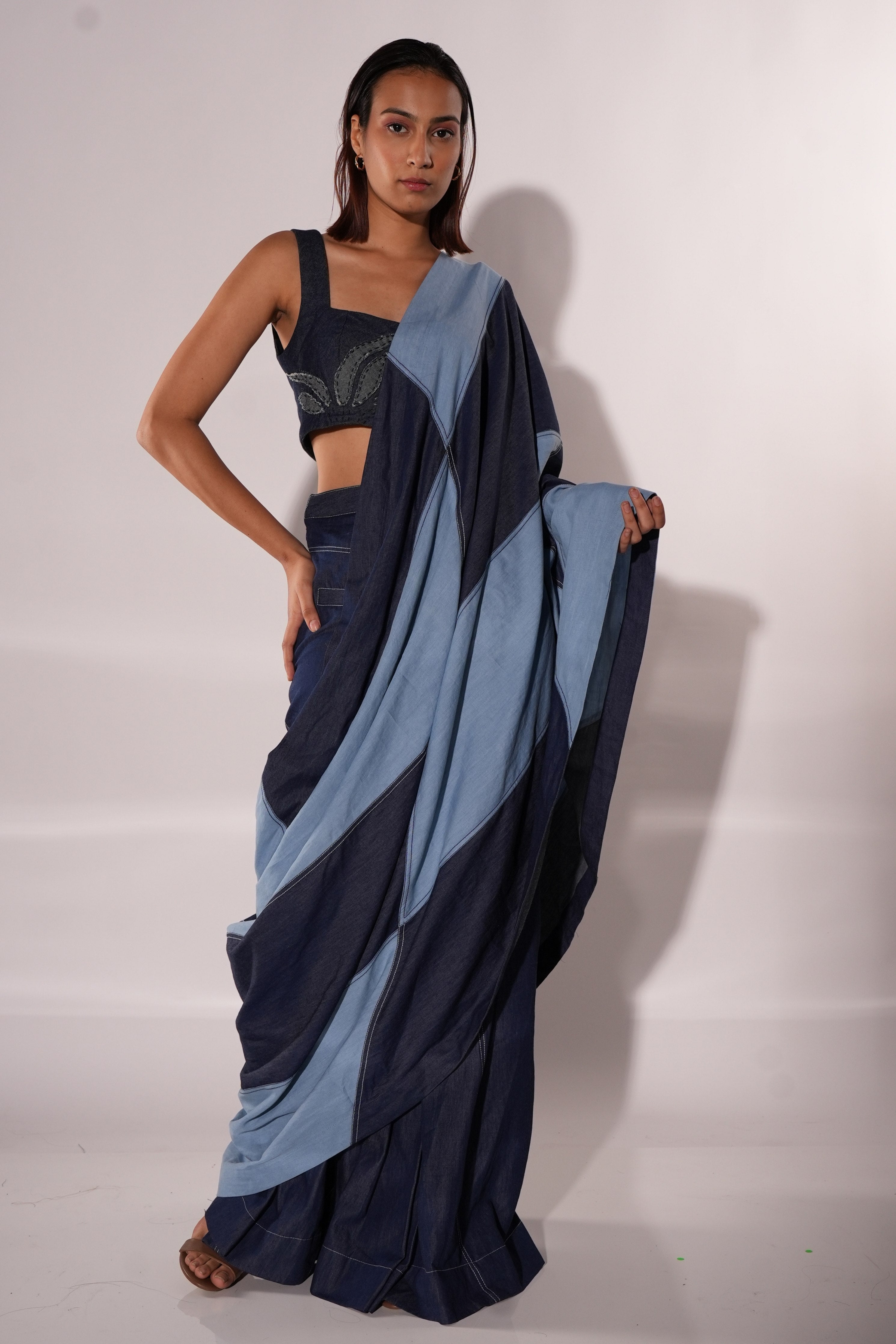 Blue Denim Patchwork Square Pre-stitched Saree