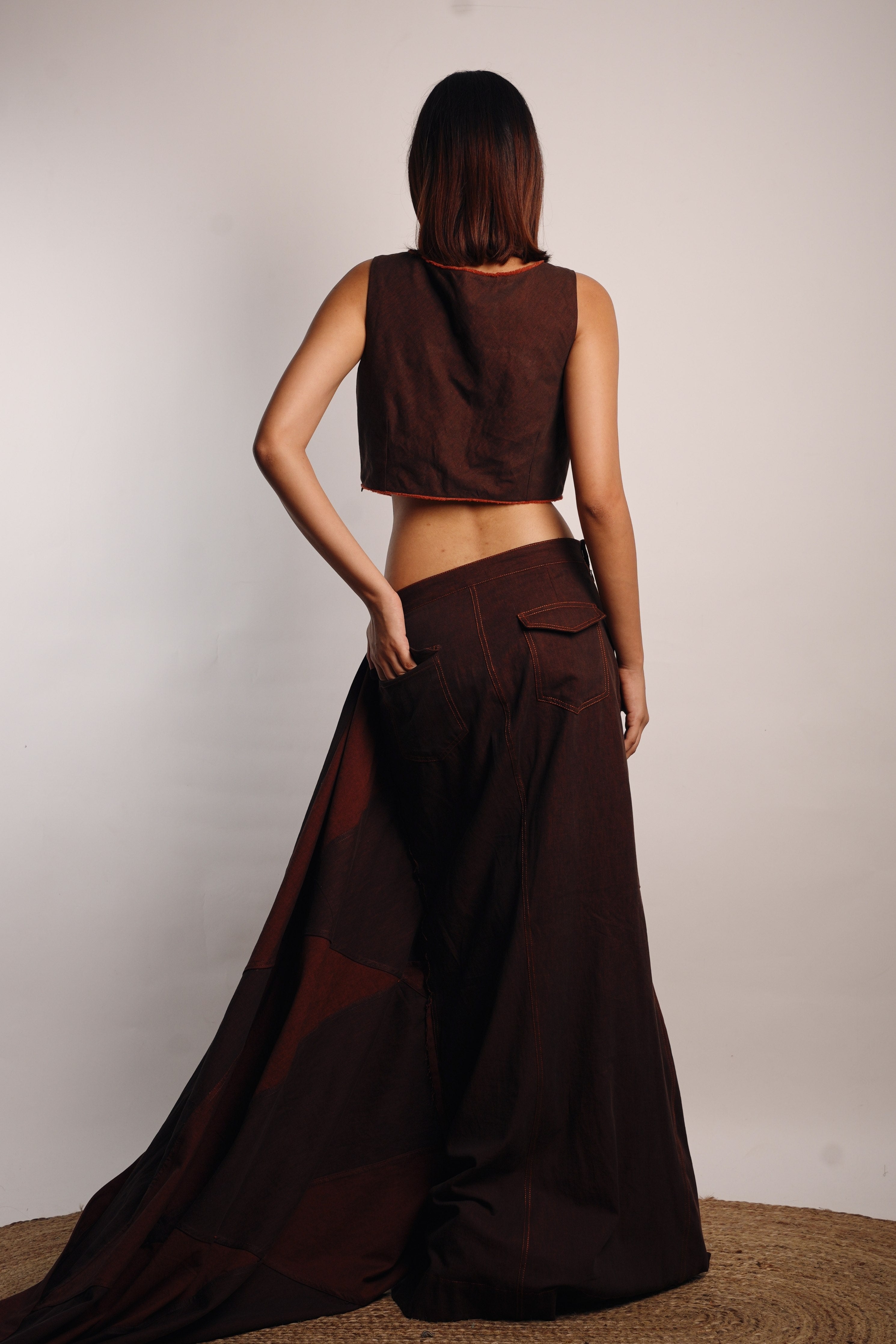 Brown Denim Patchwork Square Panel Pre-stitched Saree