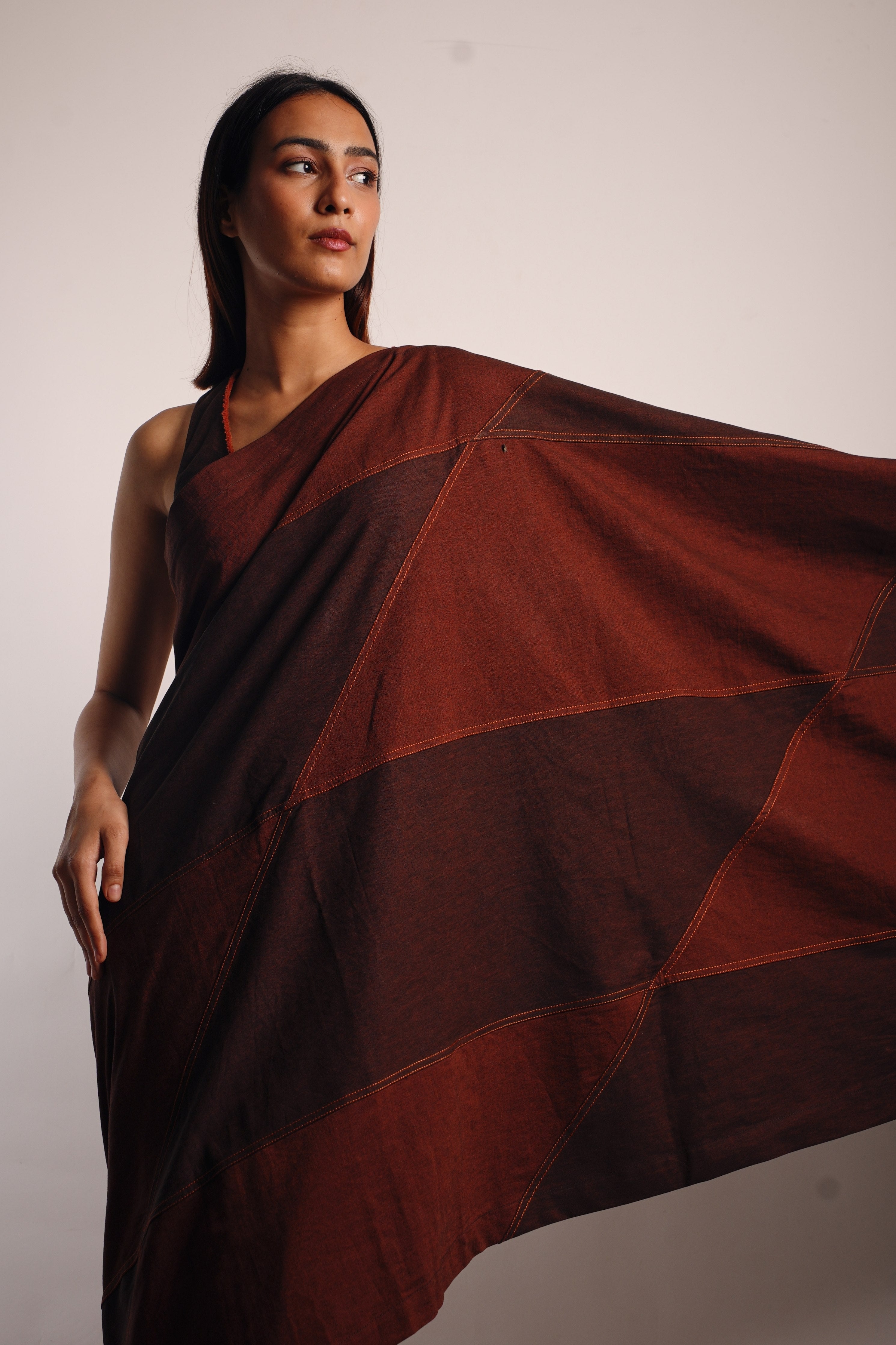 Brown Denim Patchwork Square Panel Pre-stitched Saree