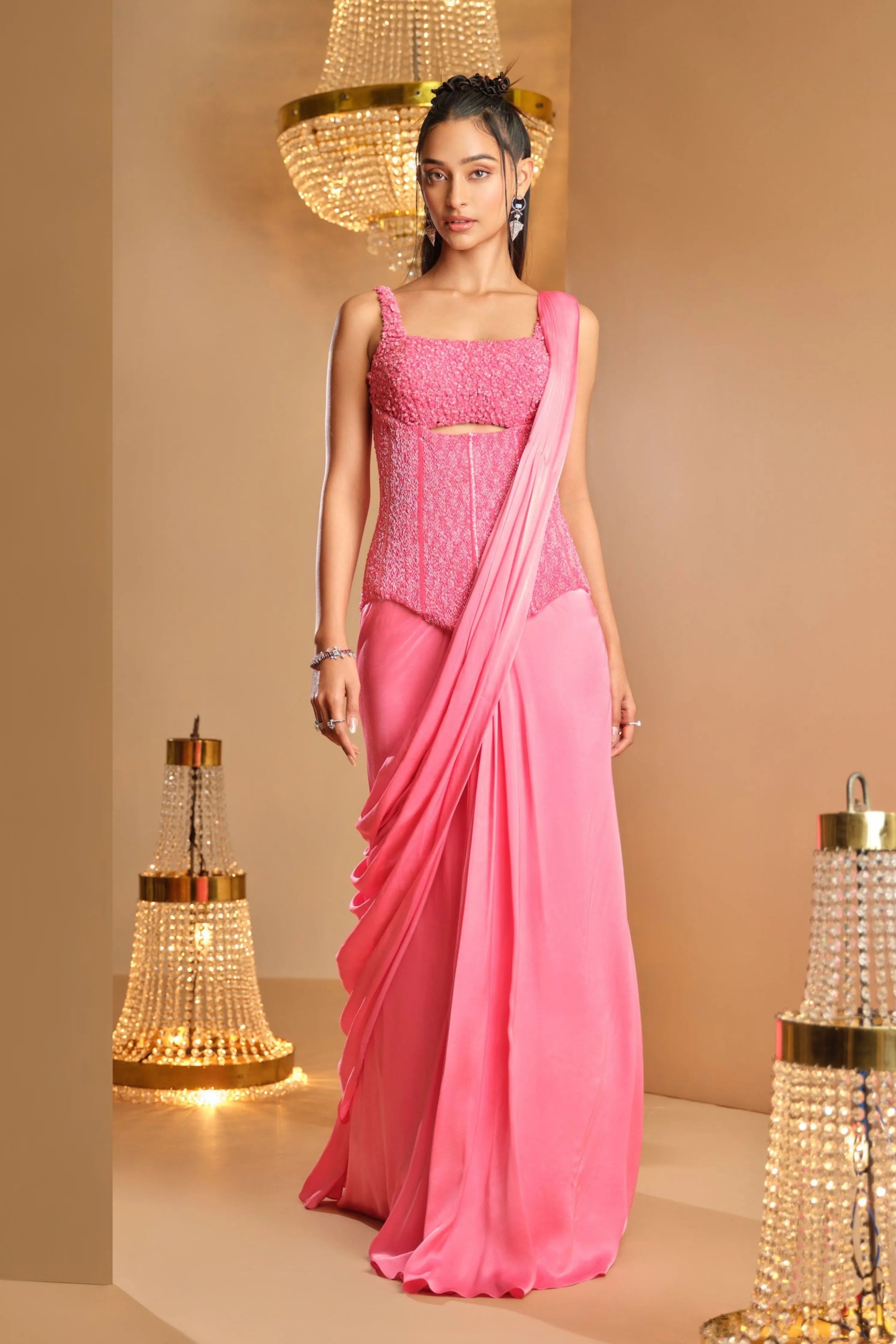 Makhmali Gulabi Draped Saree Set