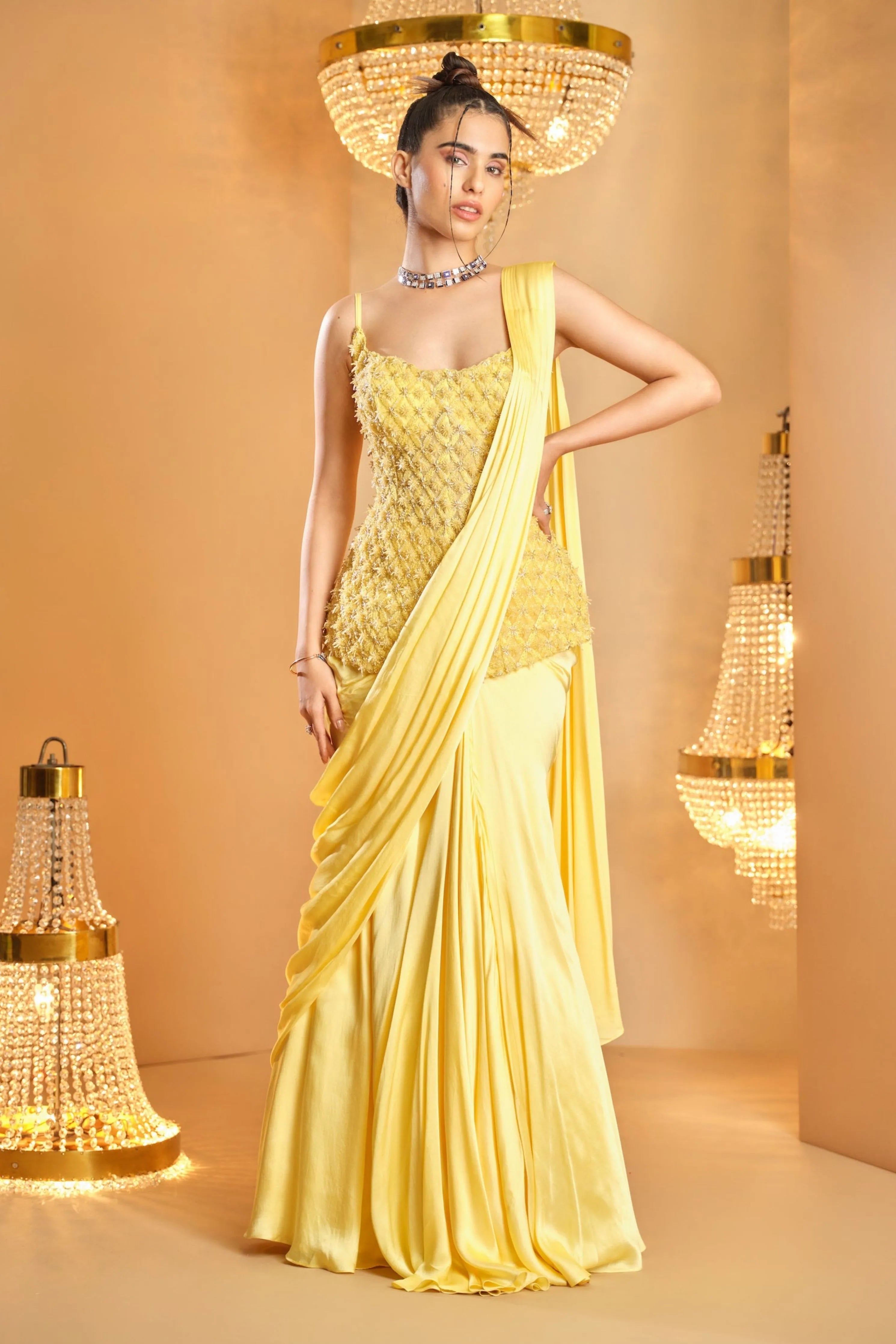 Makhan Peela Draped Saree Set