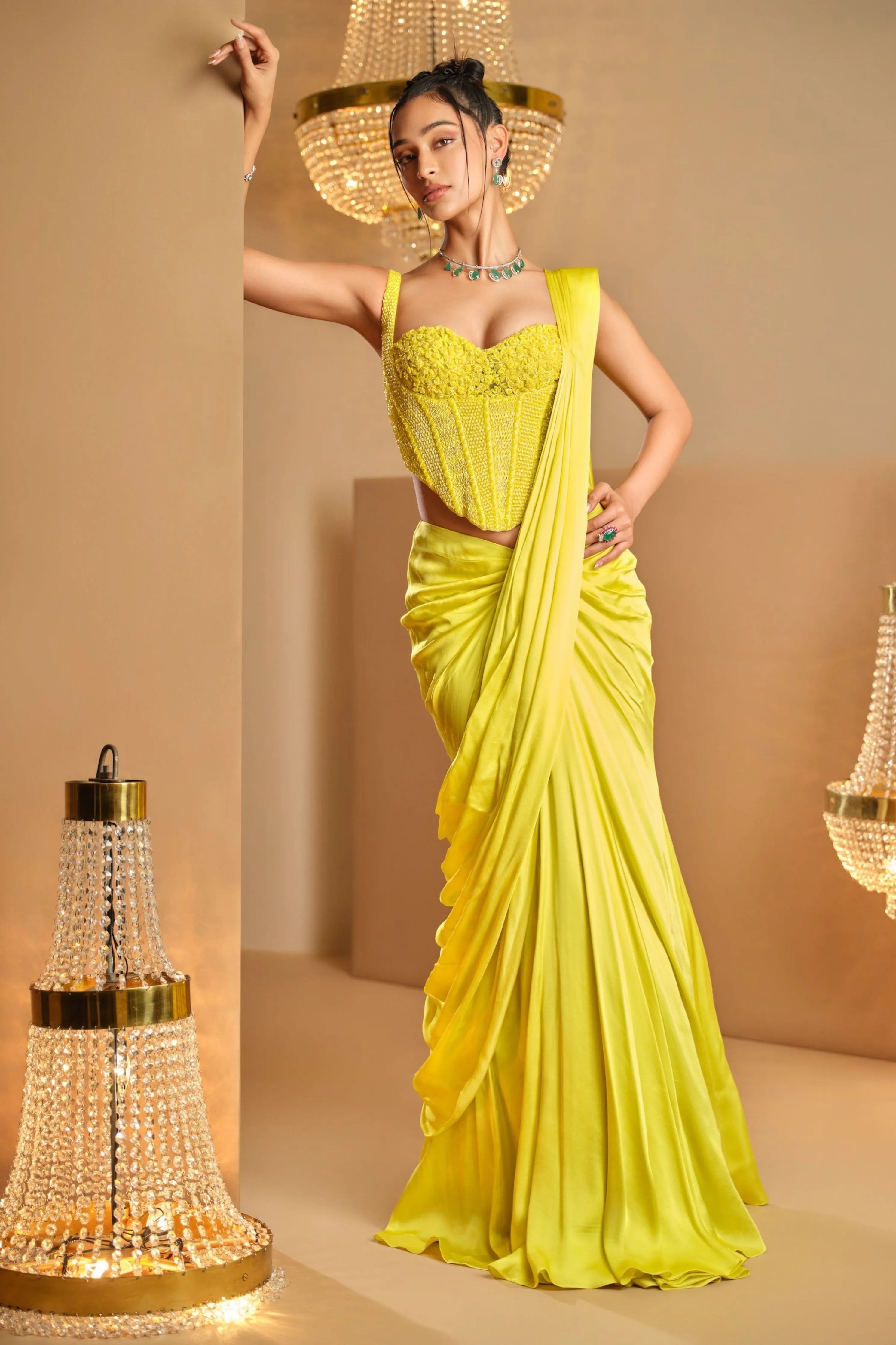 Chatak Chamkila Peela Draped Saree Set