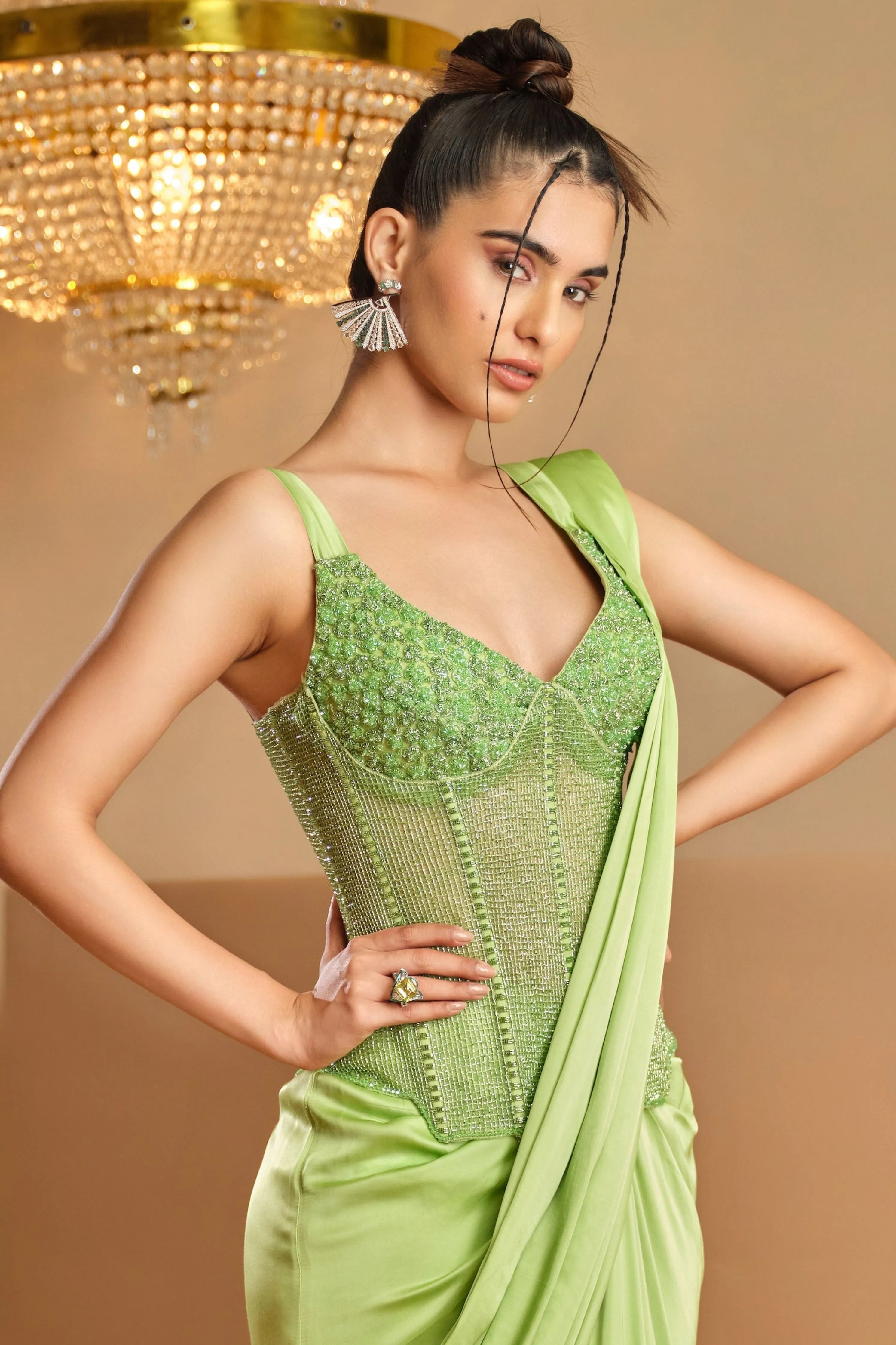 Chatak Chamkila Hara Draped Saree Set