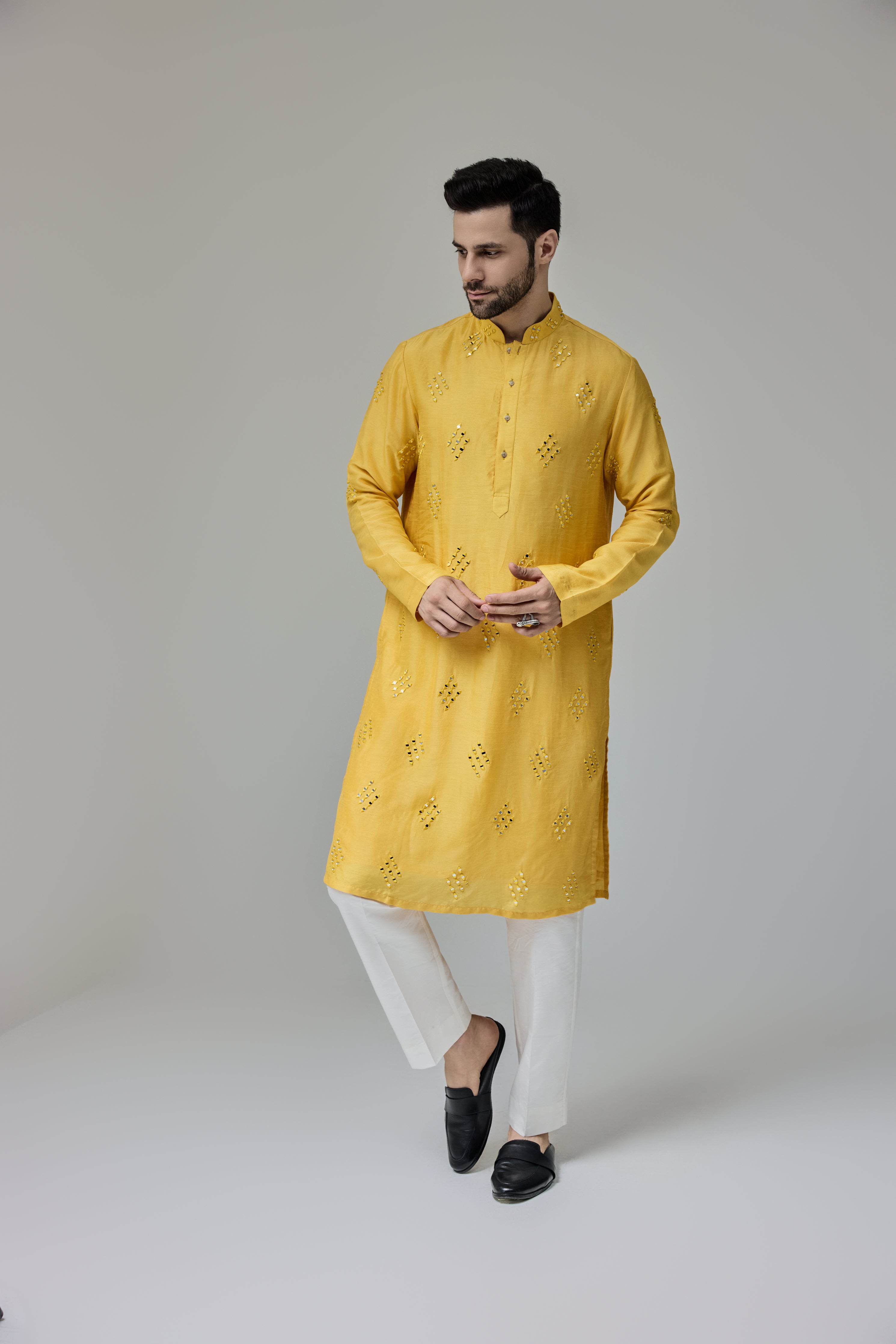 Mirror Work Motifs Yellow Kurta Set
