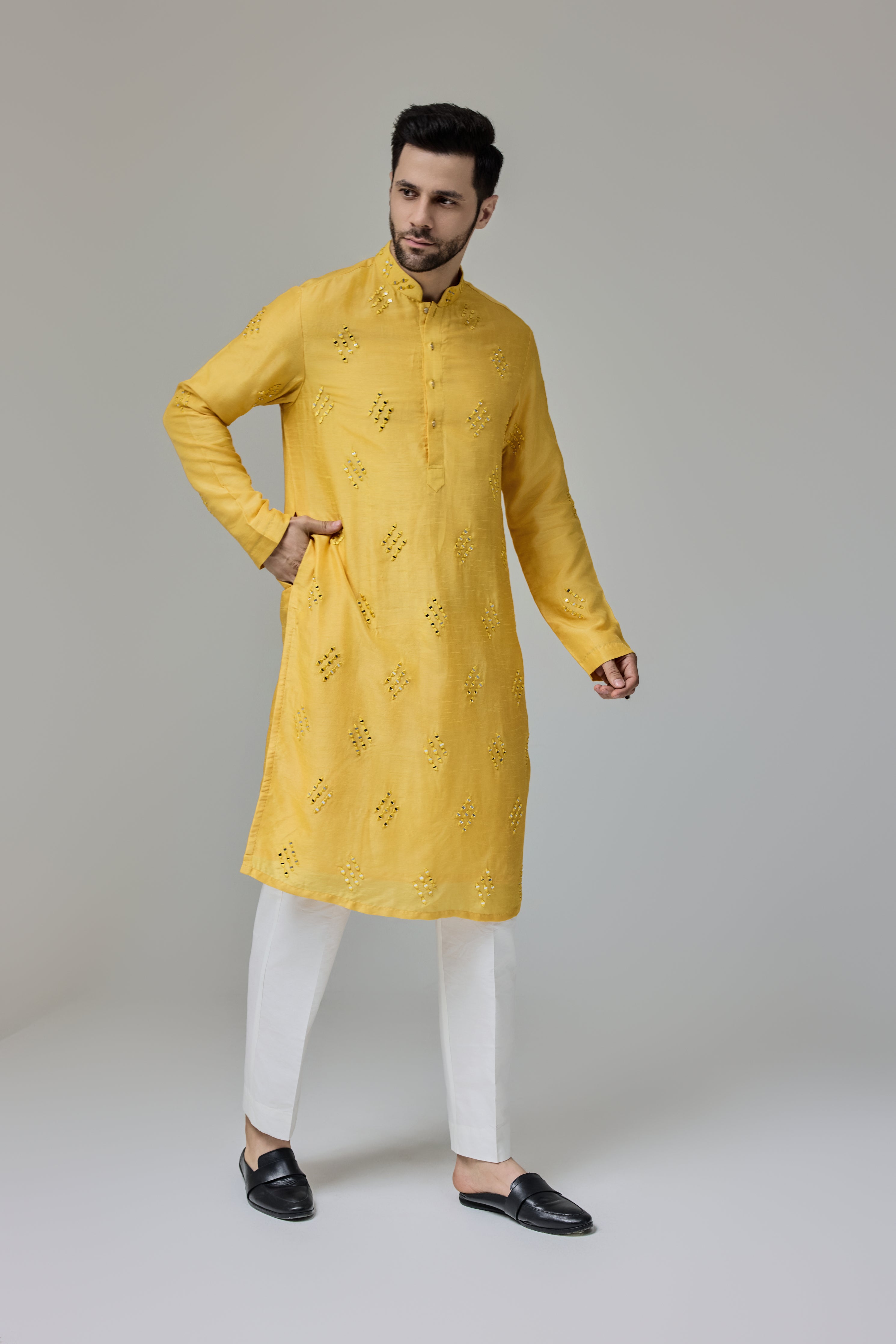 Mirror Work Motifs Yellow Kurta Set