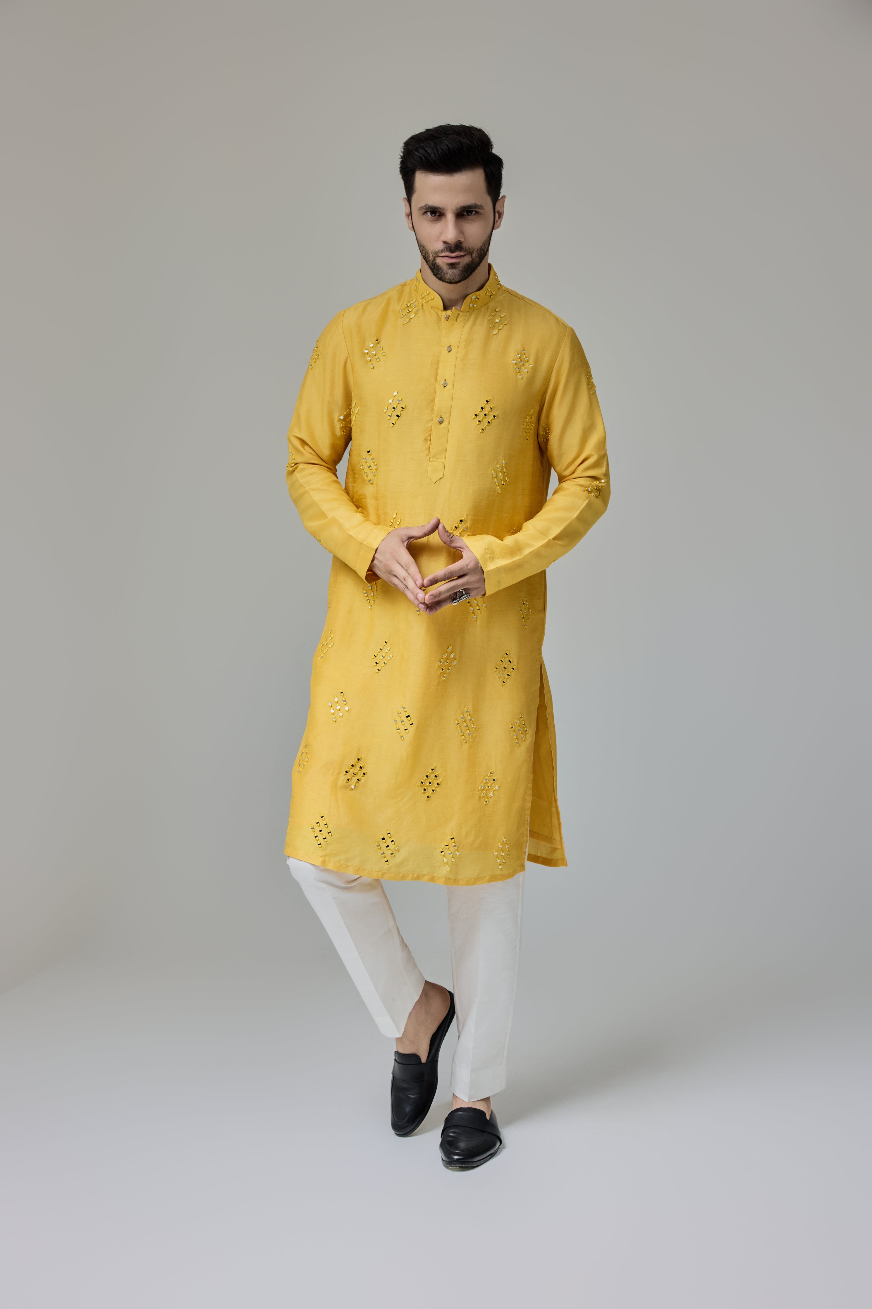 Mirror Work Motifs Yellow Kurta Set