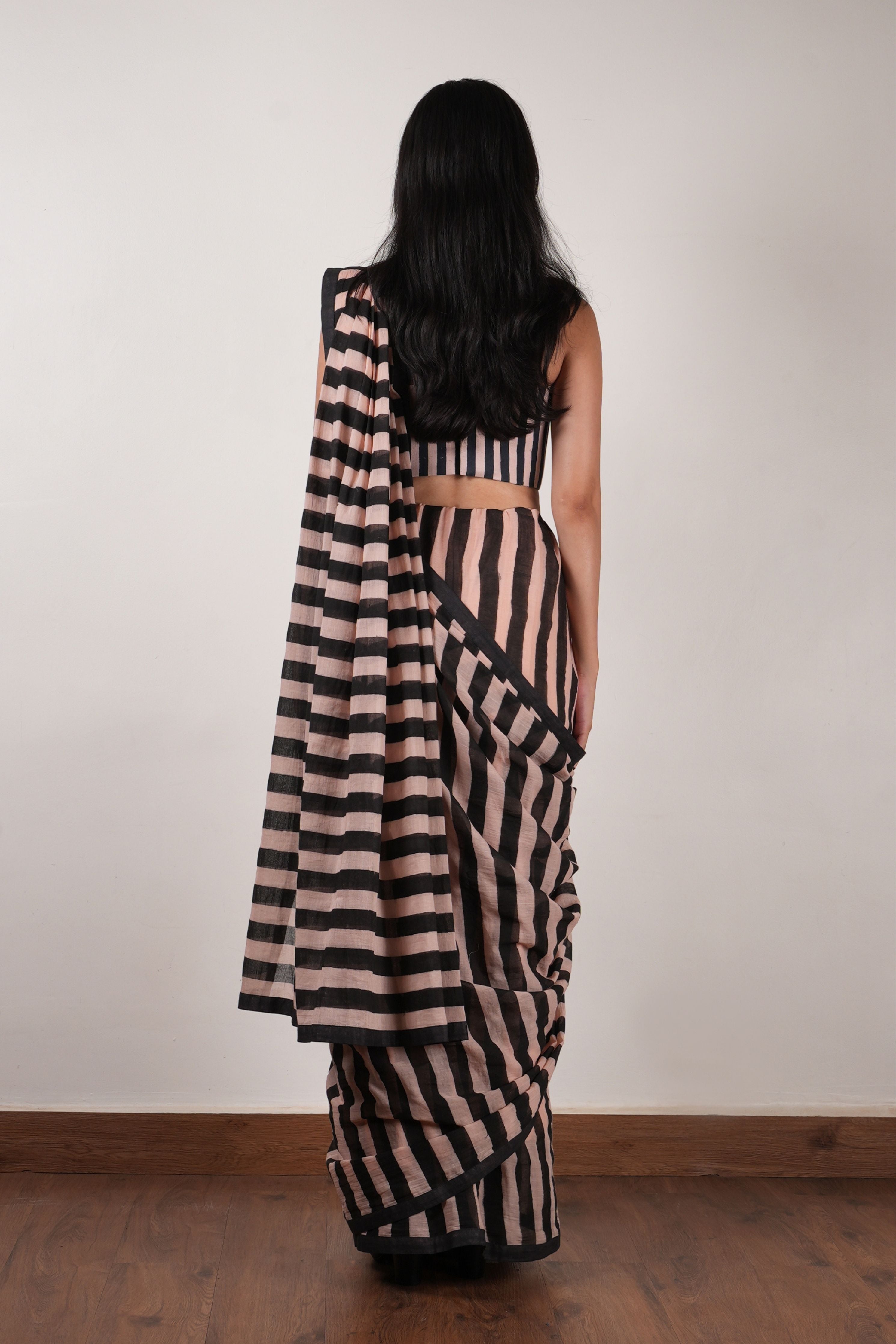 Pink with Charcoal Block Printed Corset & Saree Set