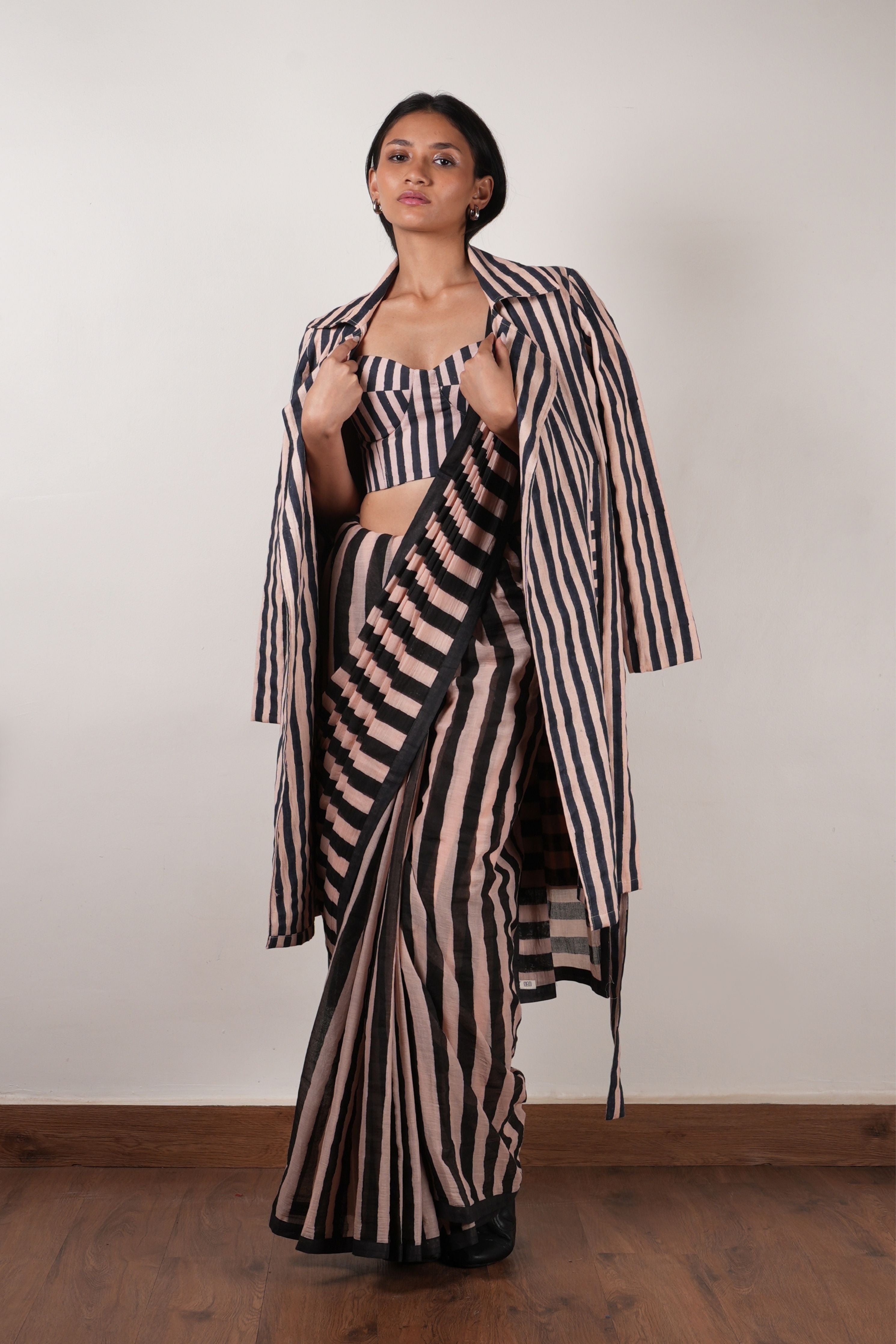 Pink with Charcoal Block Printed Corset, Saree & Trench Set