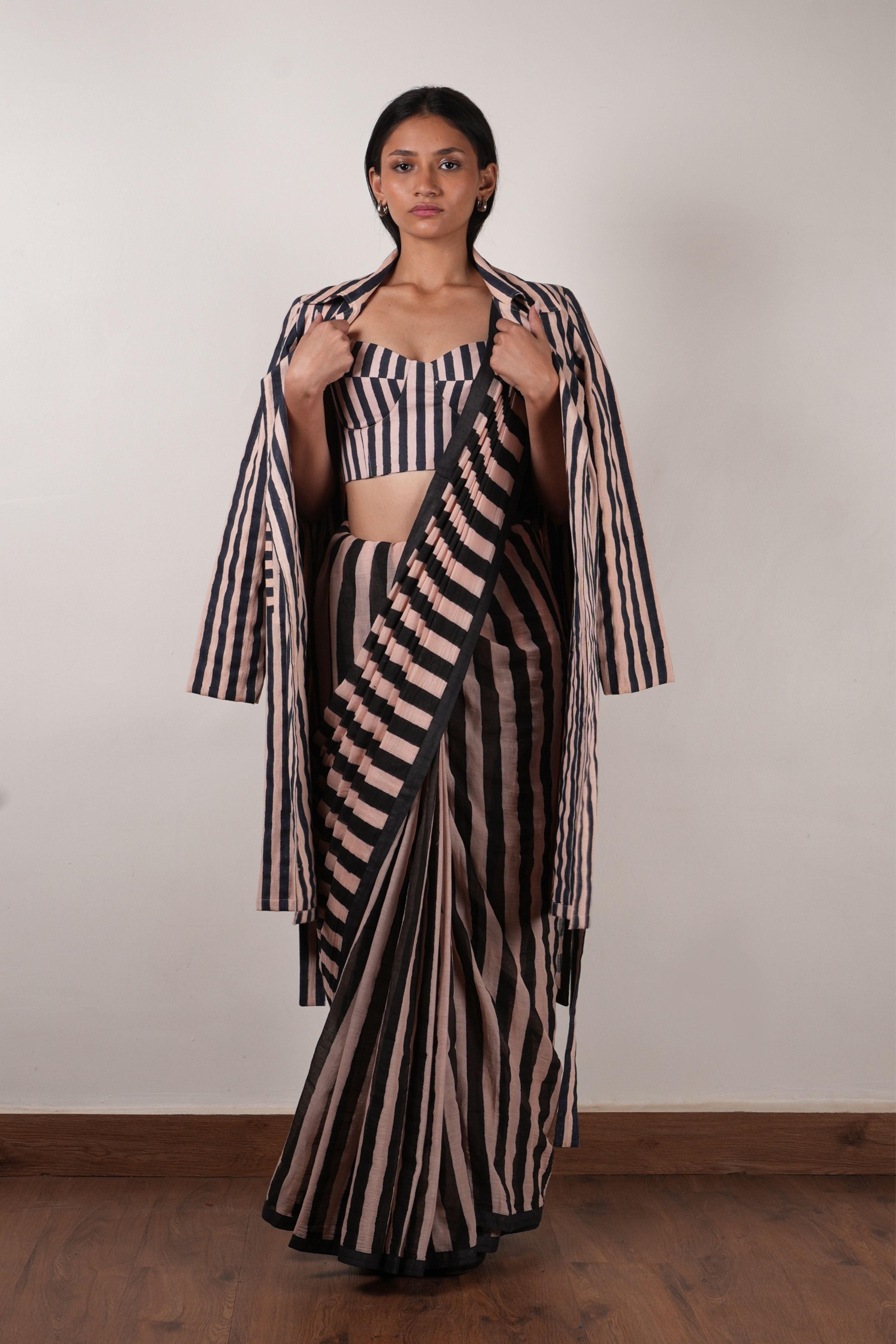 Pink with Charcoal Block Printed Corset, Saree & Trench Set
