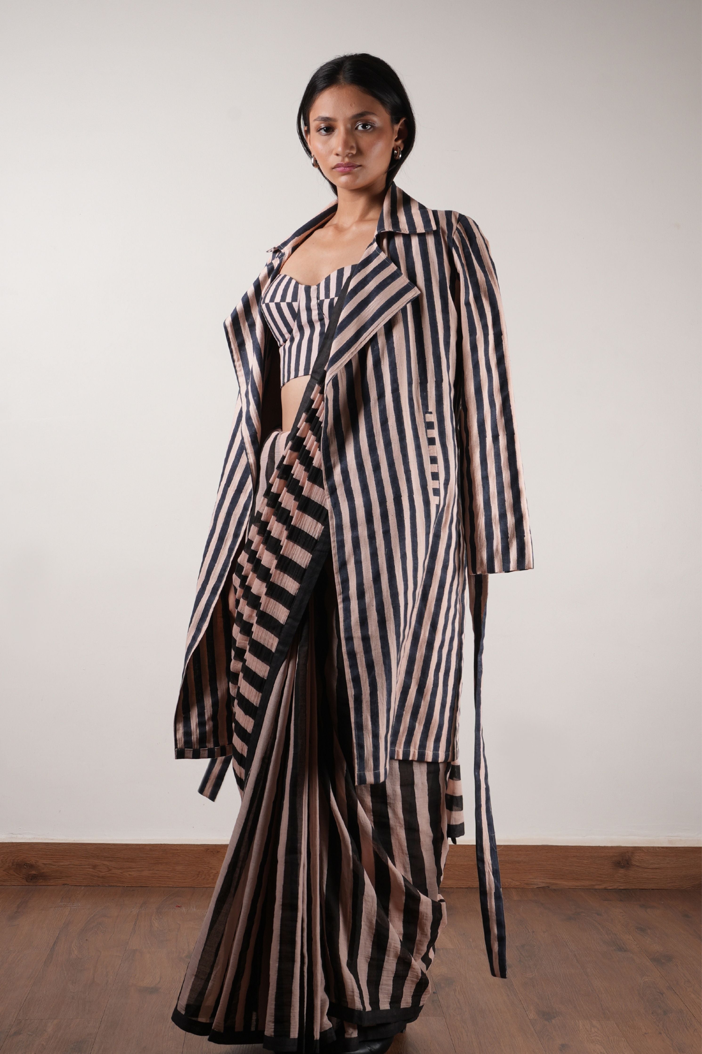 Pink with Charcoal Block Printed Corset, Saree & Trench Set