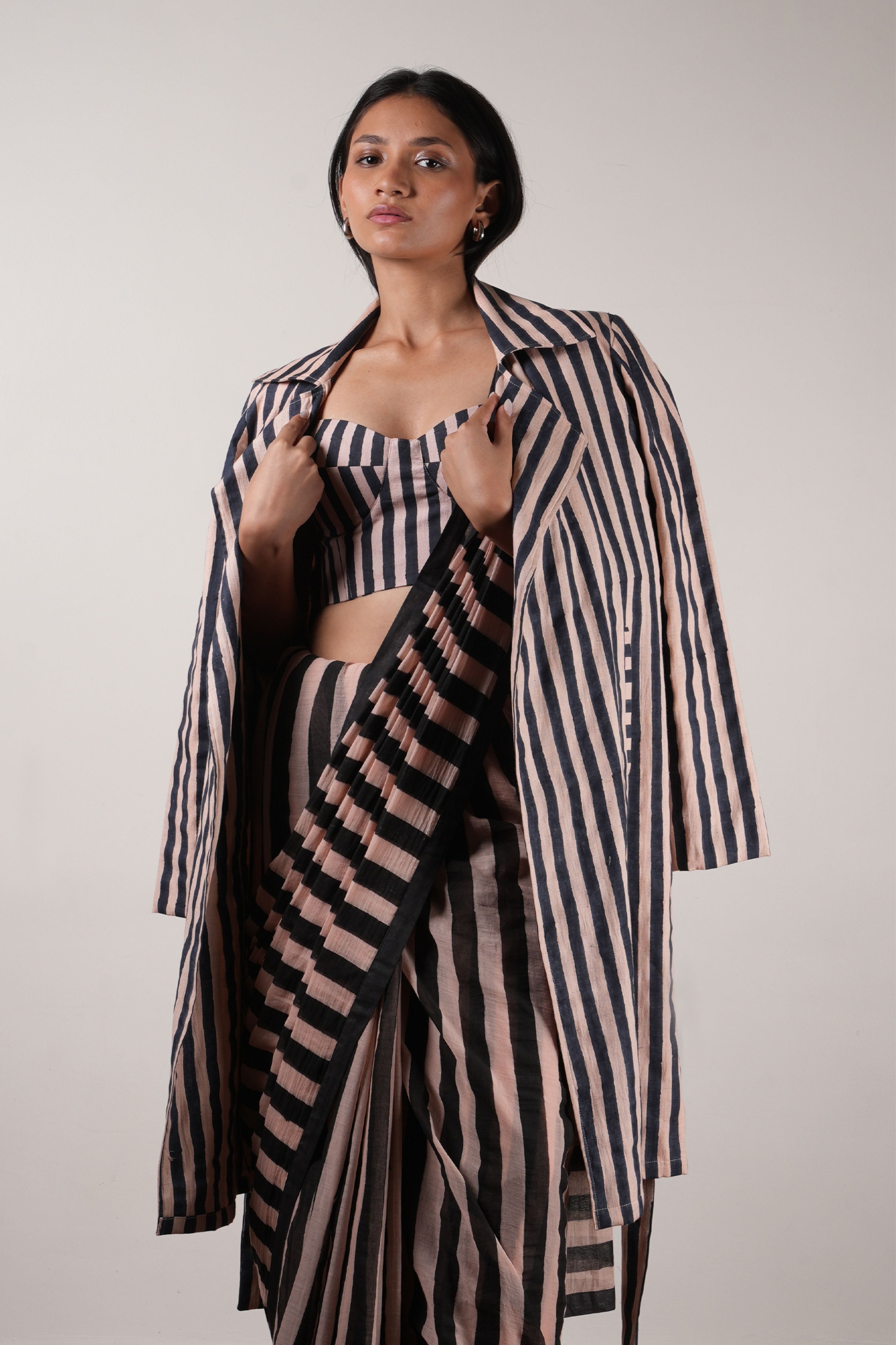 Pink with Charcoal Block Printed Corset, Saree & Trench Set