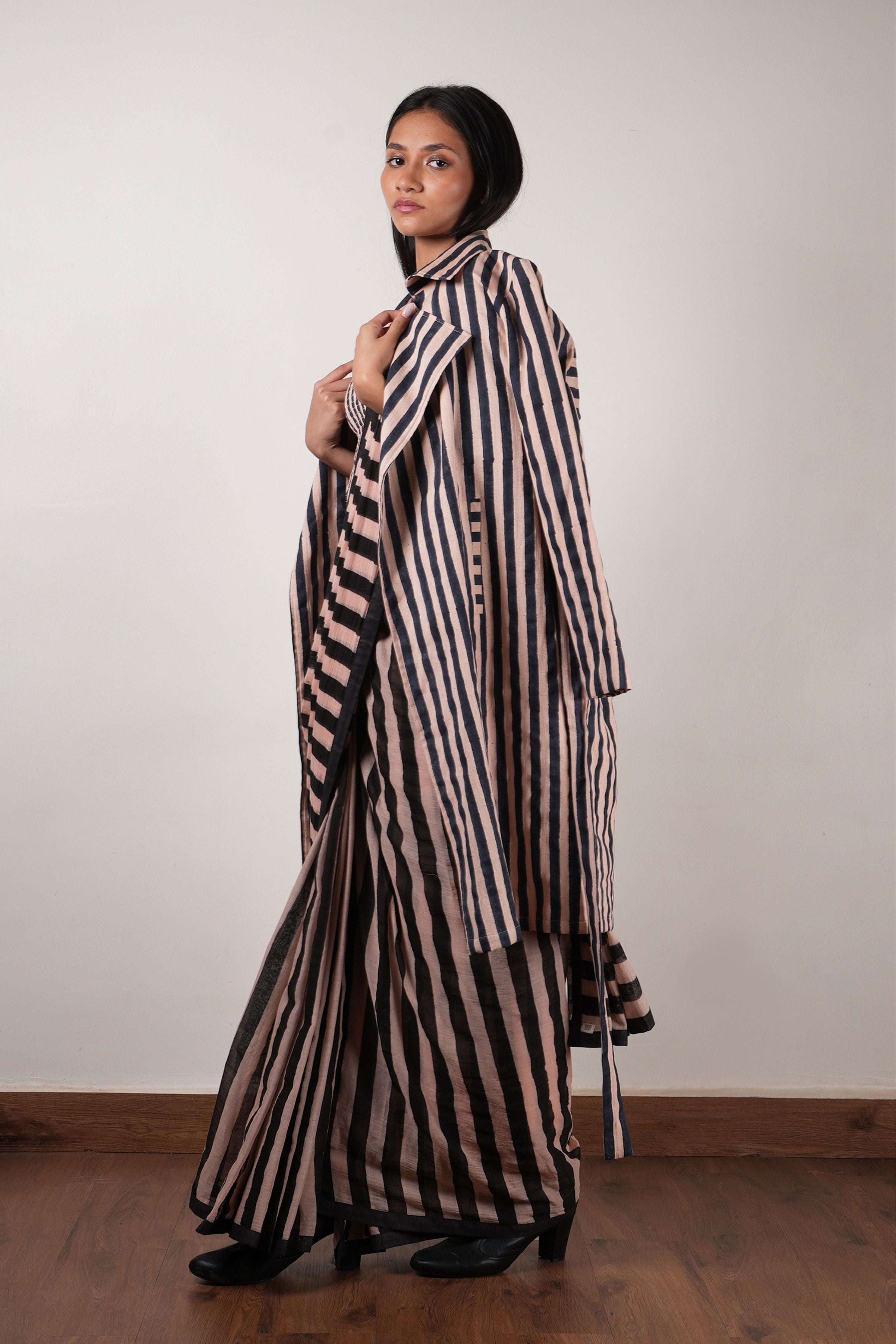 Pink with Charcoal Block Printed Corset, Saree & Trench Set
