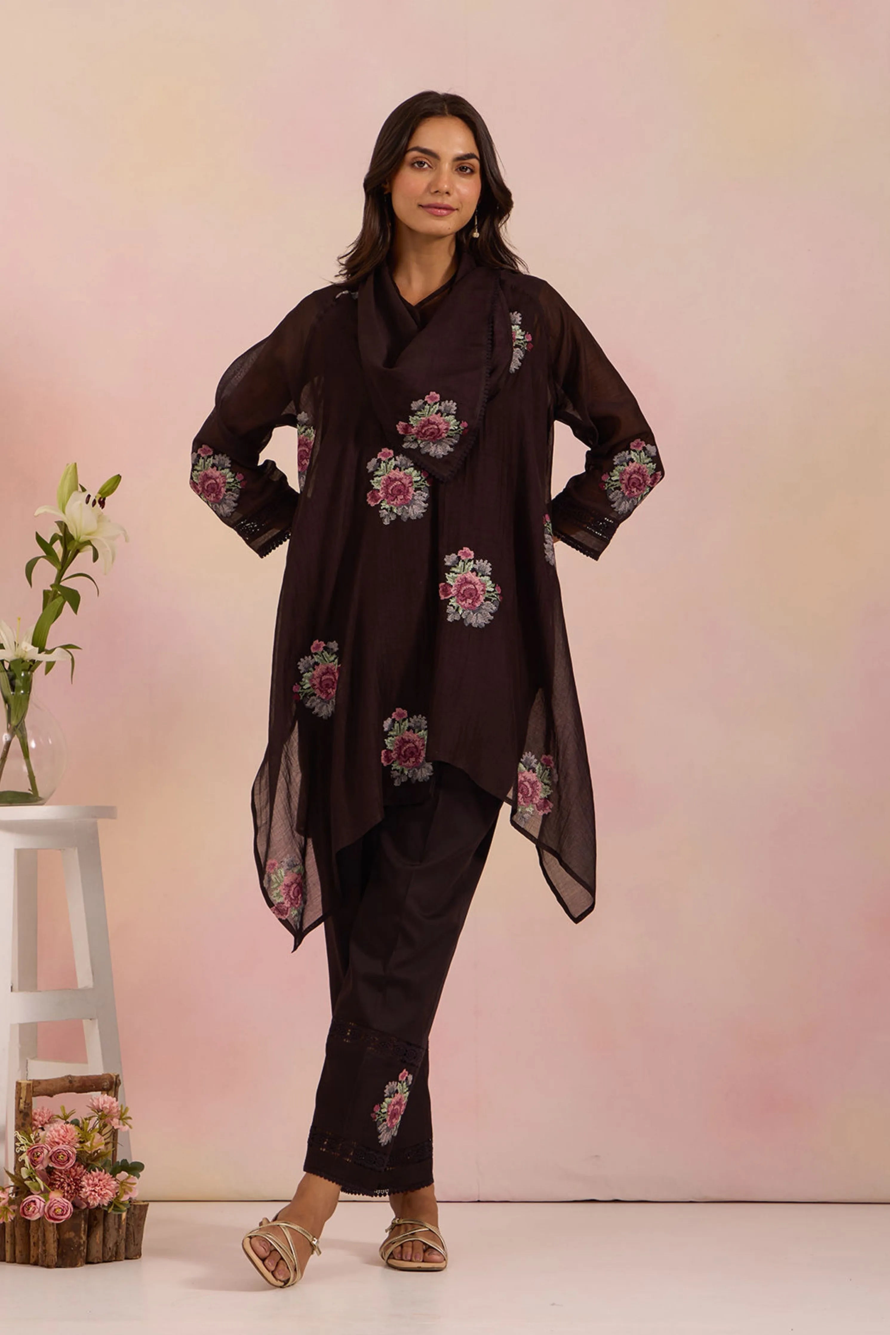 Black Cowl Collar Tunic Set