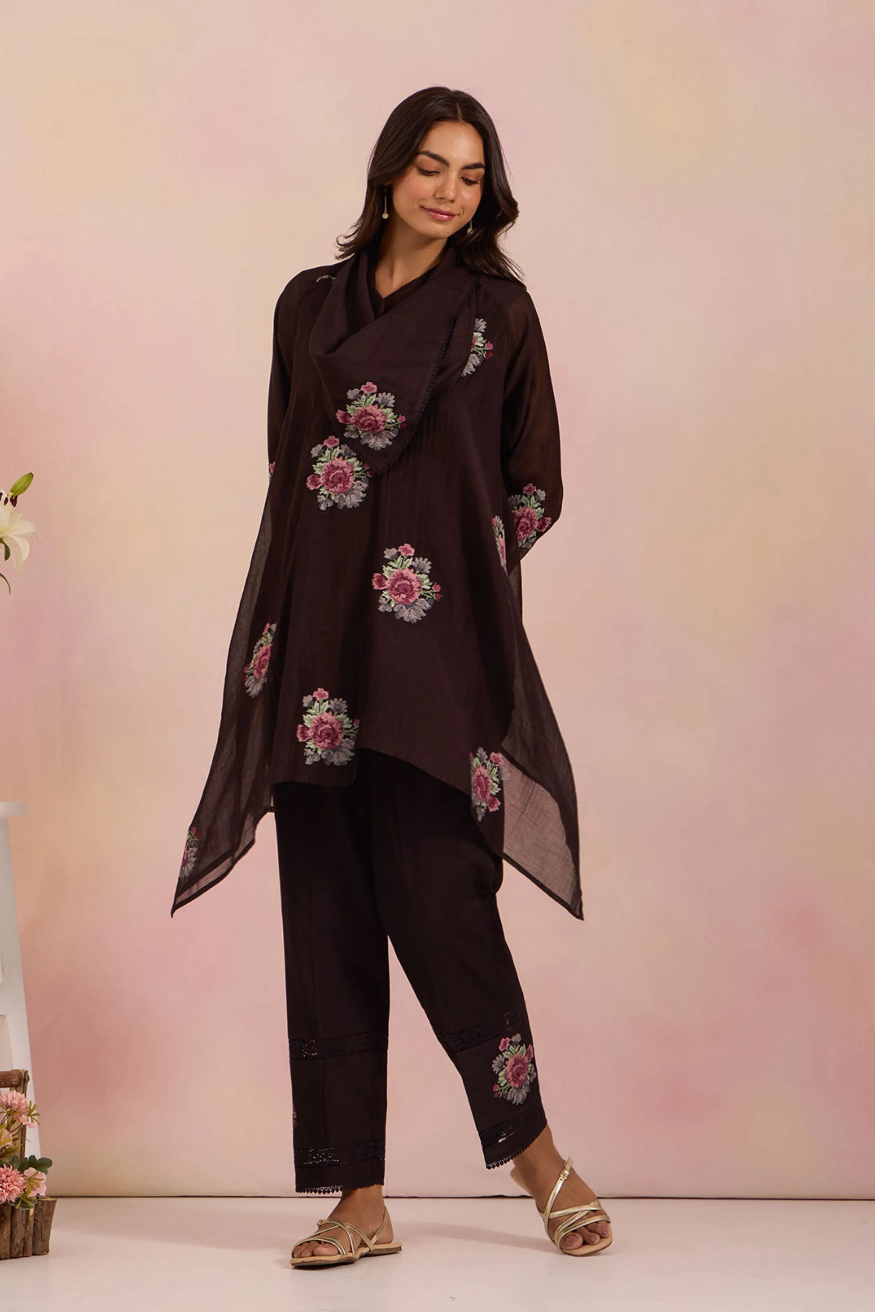 Black Cowl Collar Tunic Set