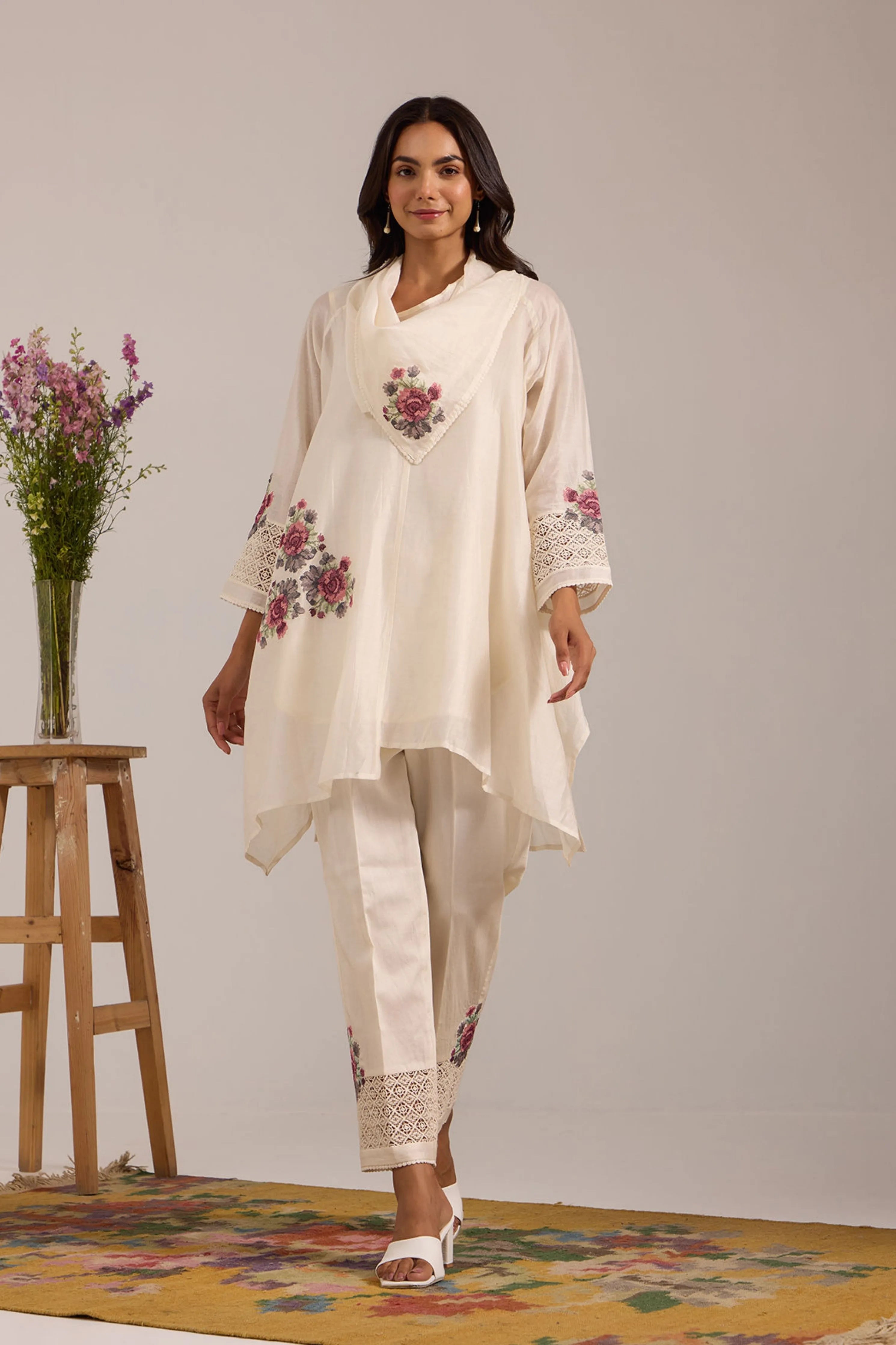 Off White Cowl Collar Tunic Set