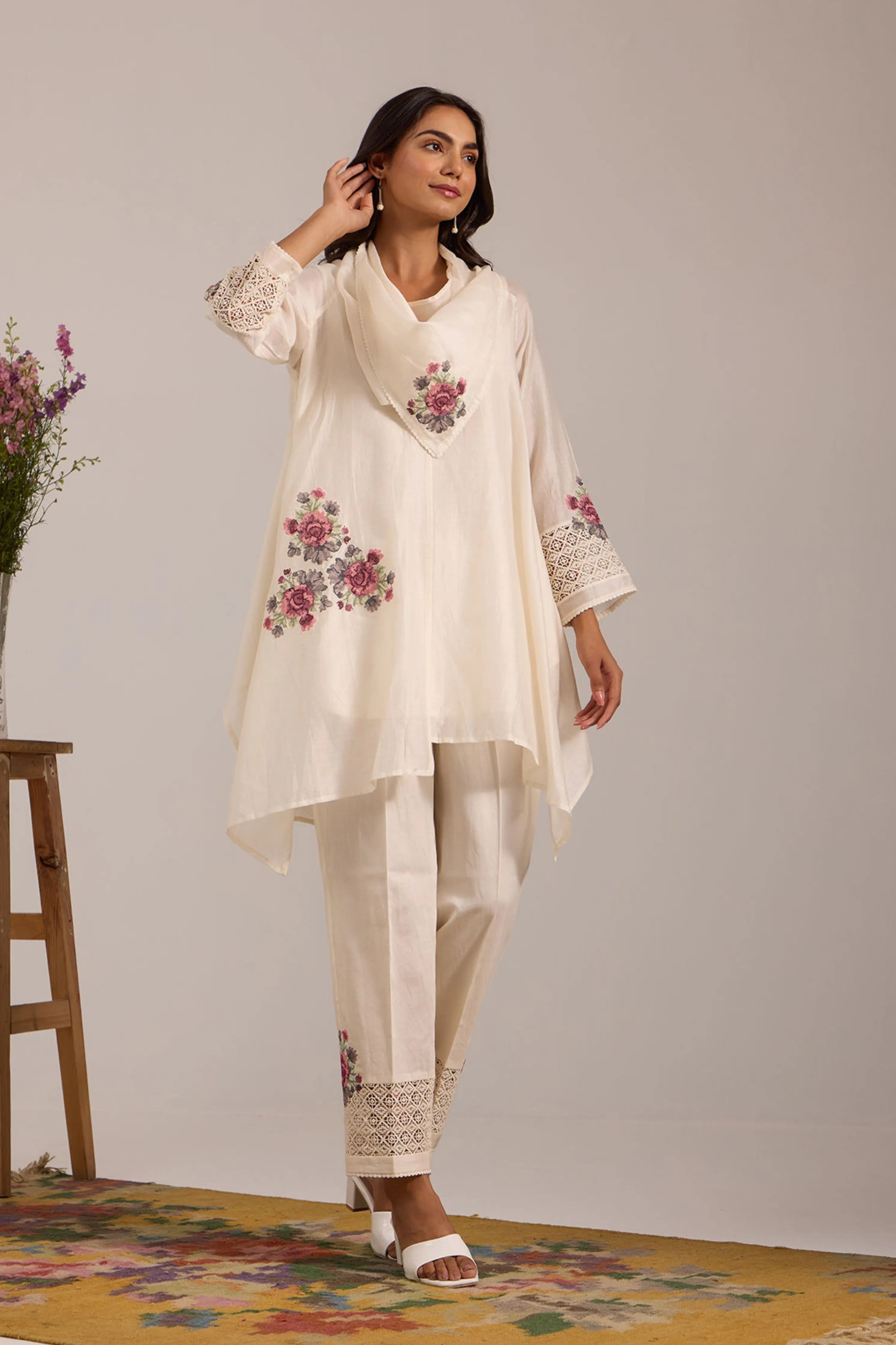Off White Cowl Collar Tunic Set