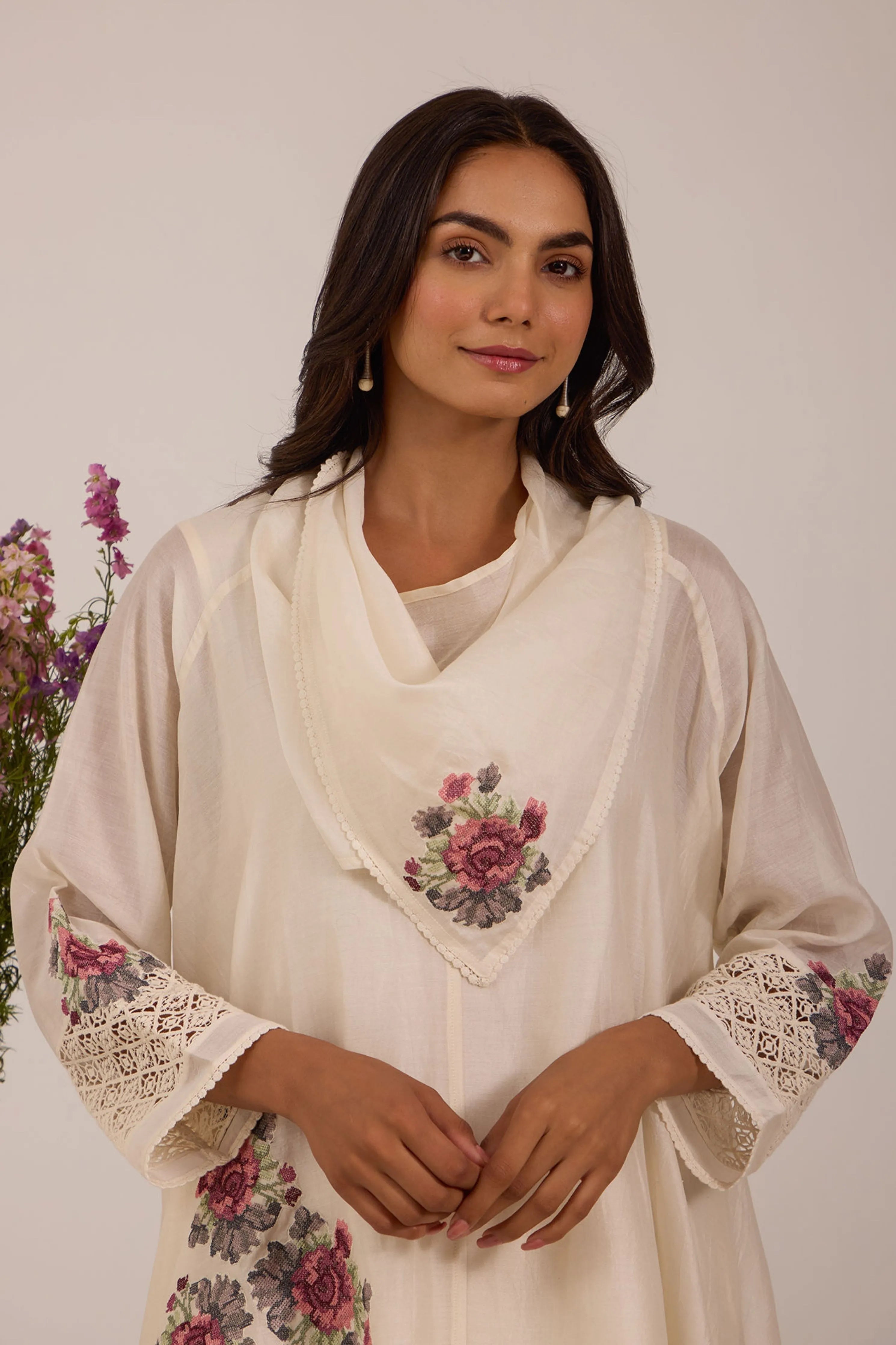 Off White Cowl Collar Tunic Set