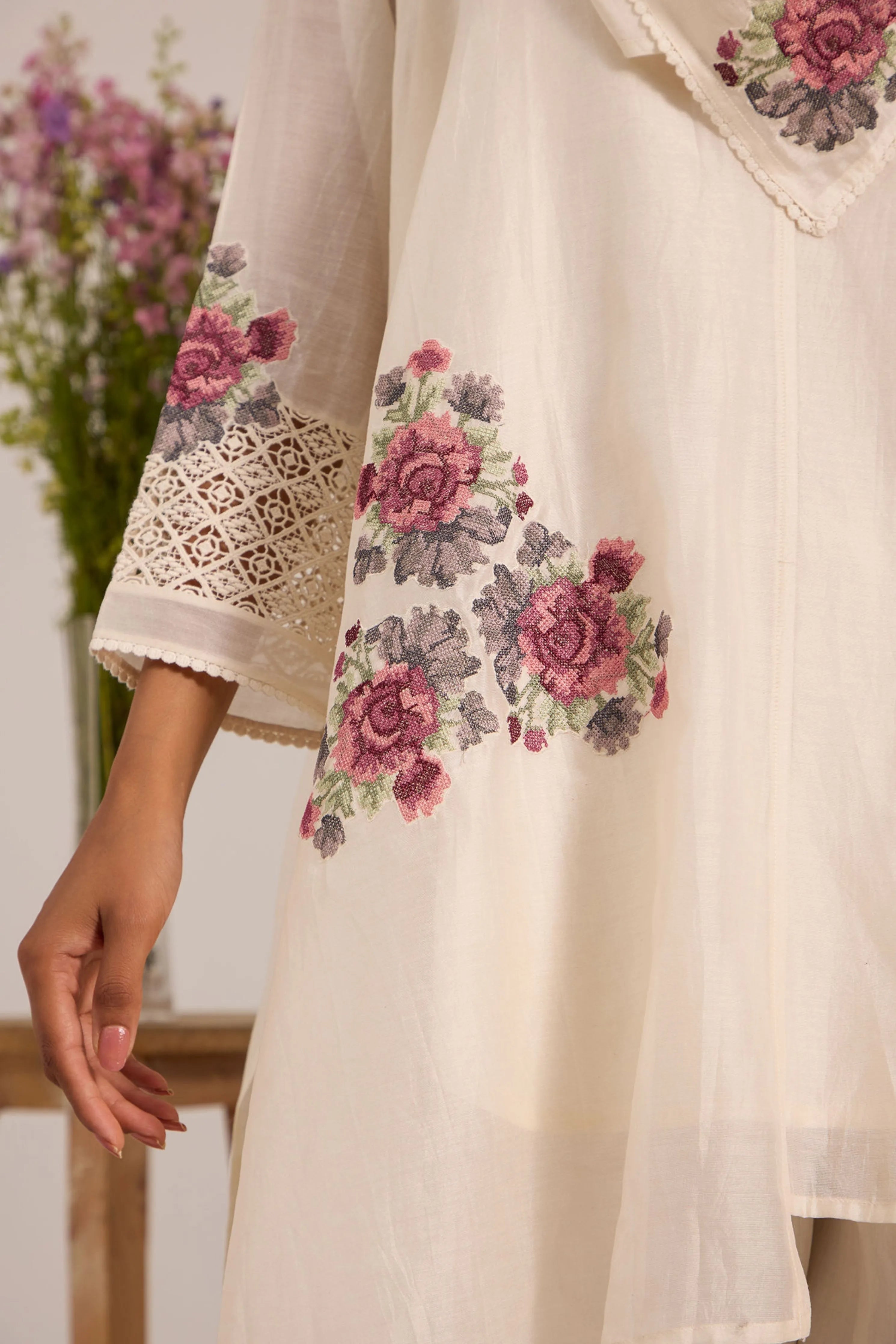 Off White Cowl Collar Tunic Set