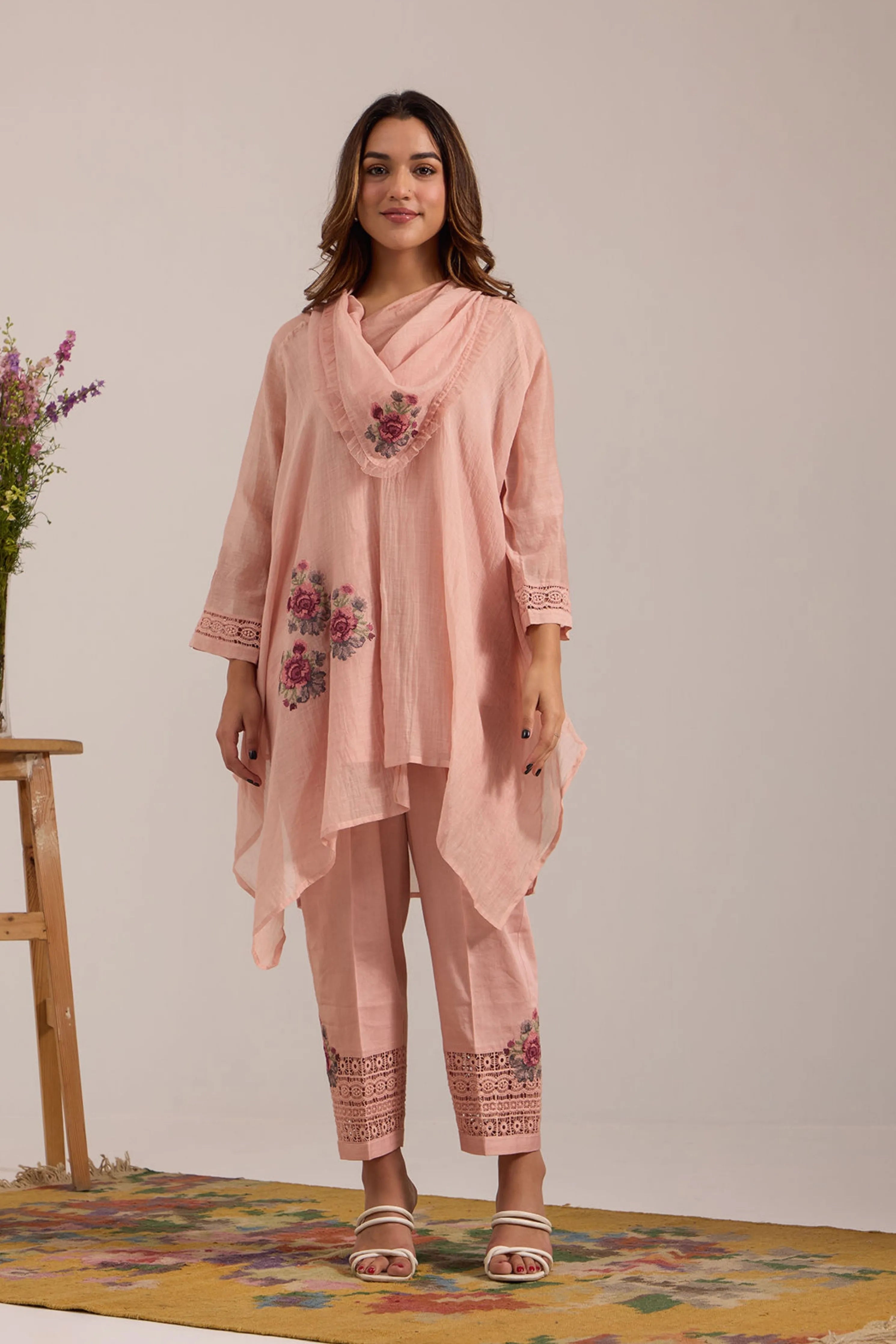 Pink Cowl Collar Tunic Set