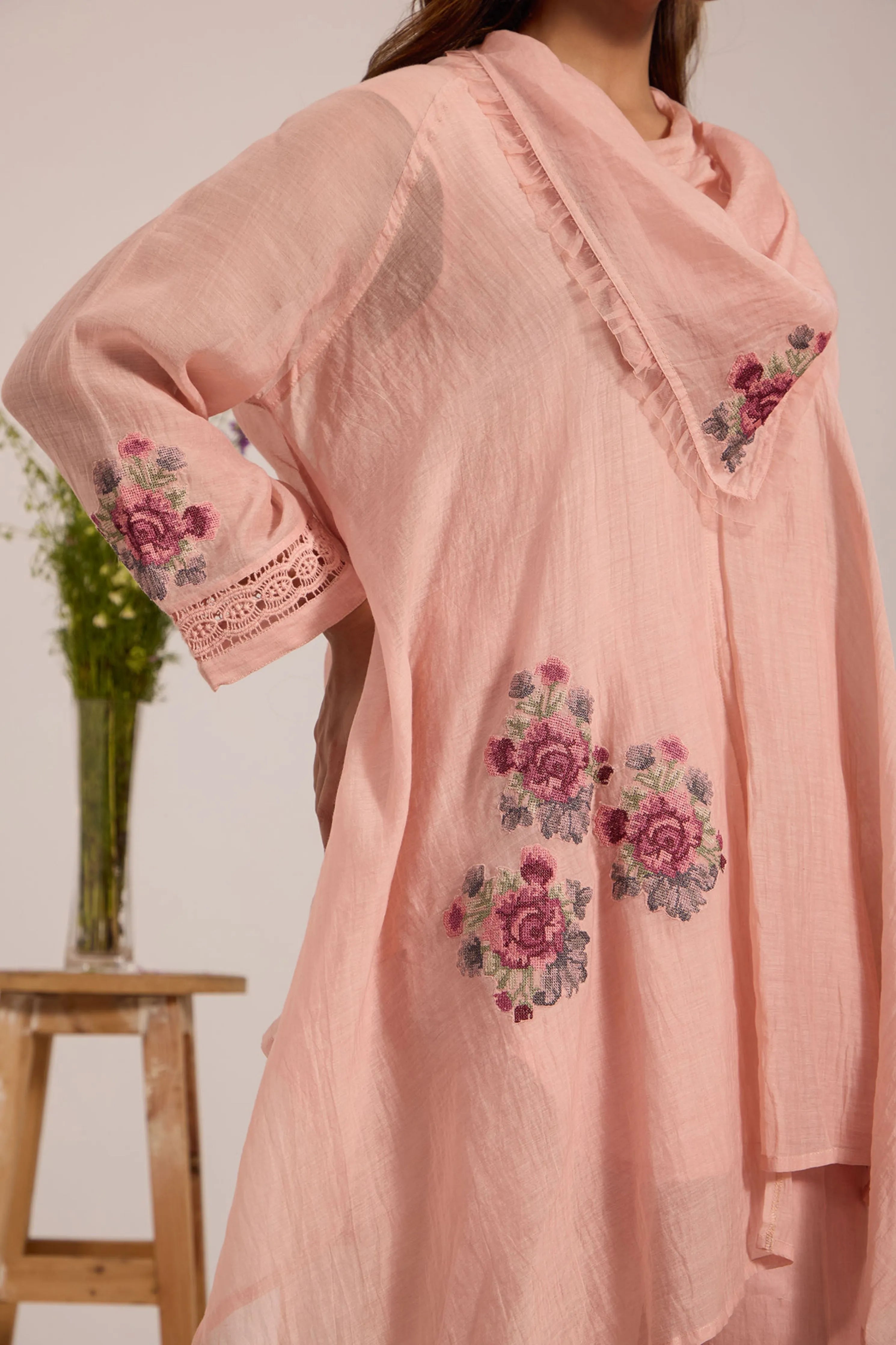 Pink Cowl Collar Tunic Set