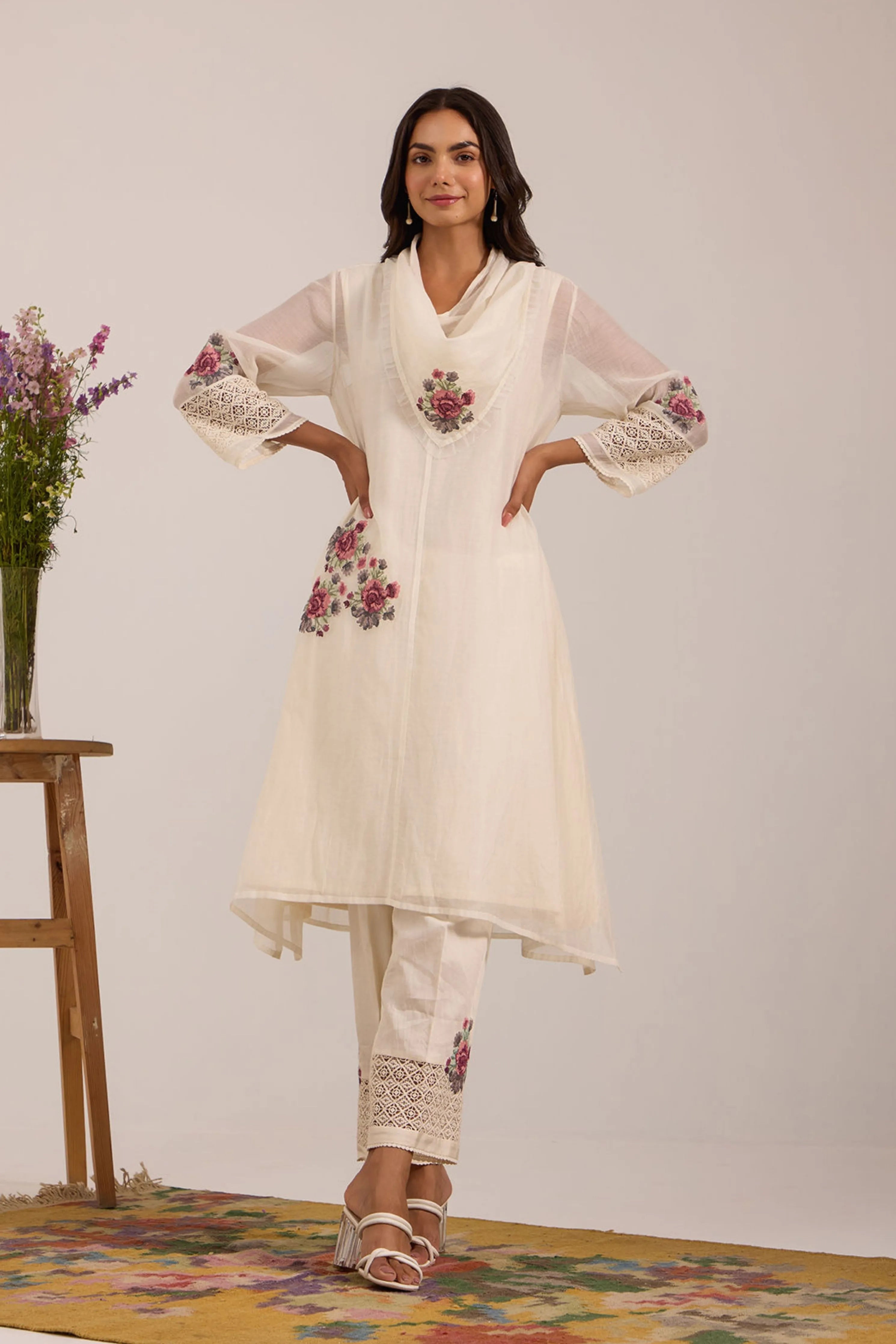 Off White Cowl Collar Long Kurta Set