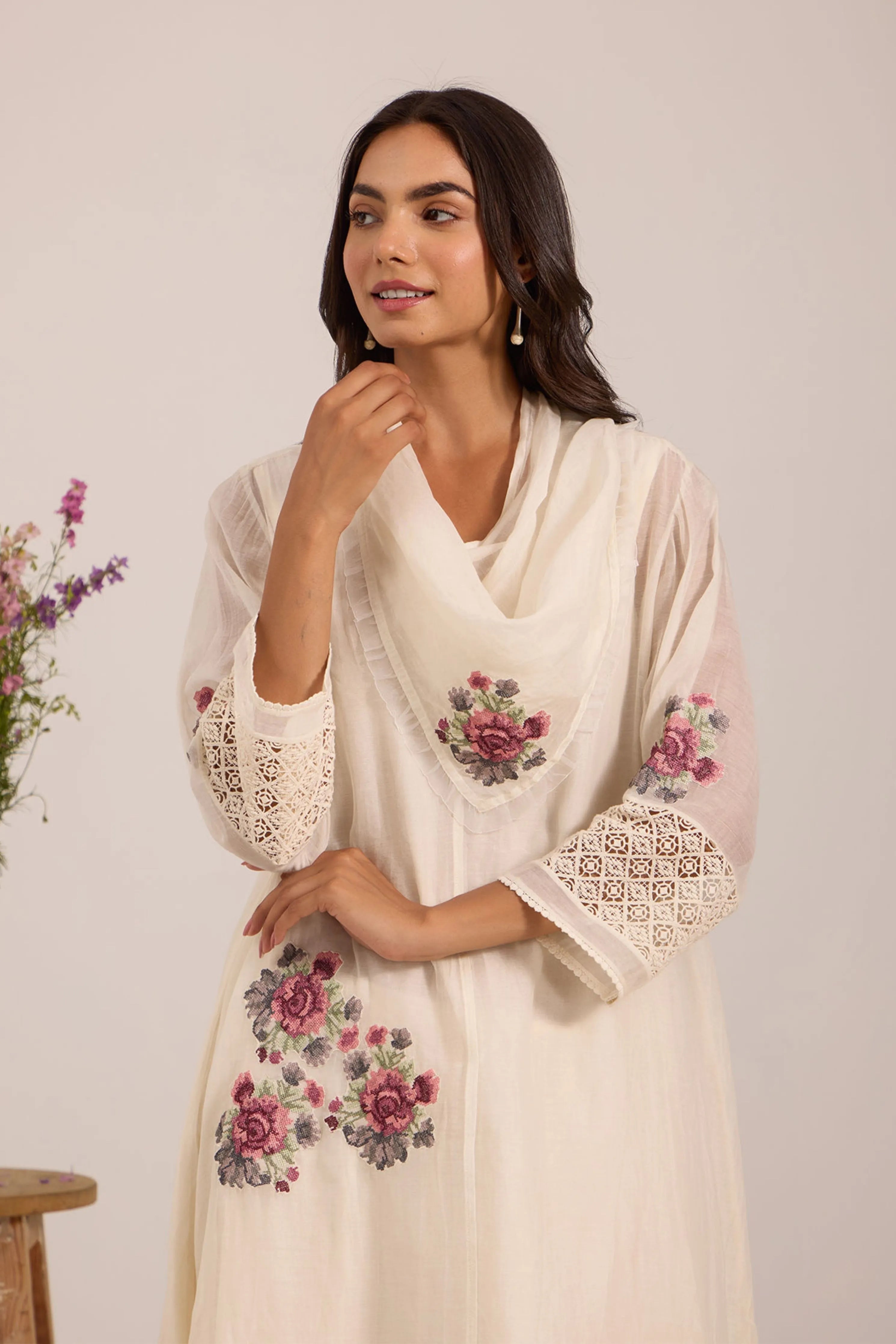 Off White Cowl Collar Long Kurta Set