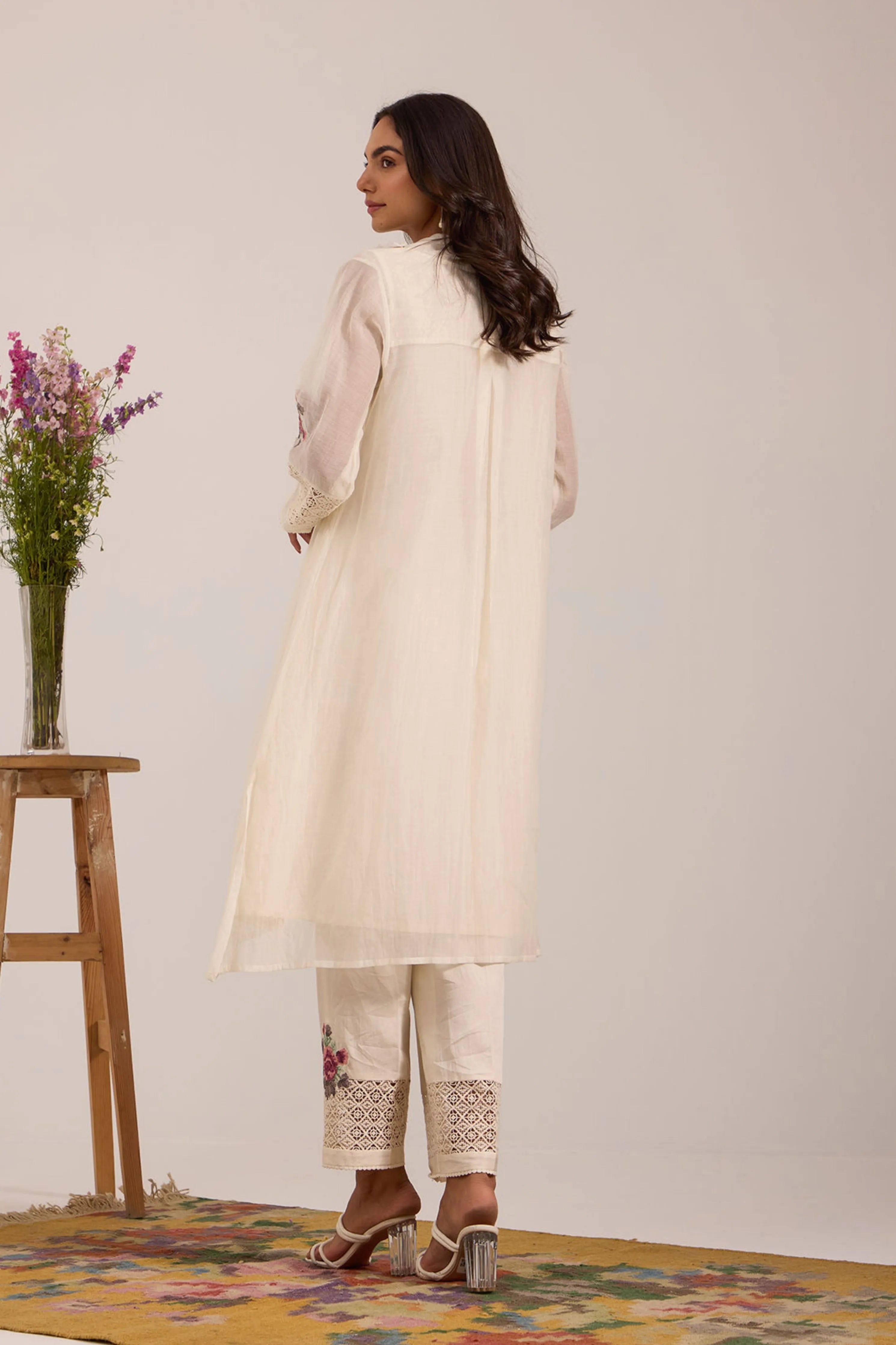Off White Cowl Collar Long Kurta Set