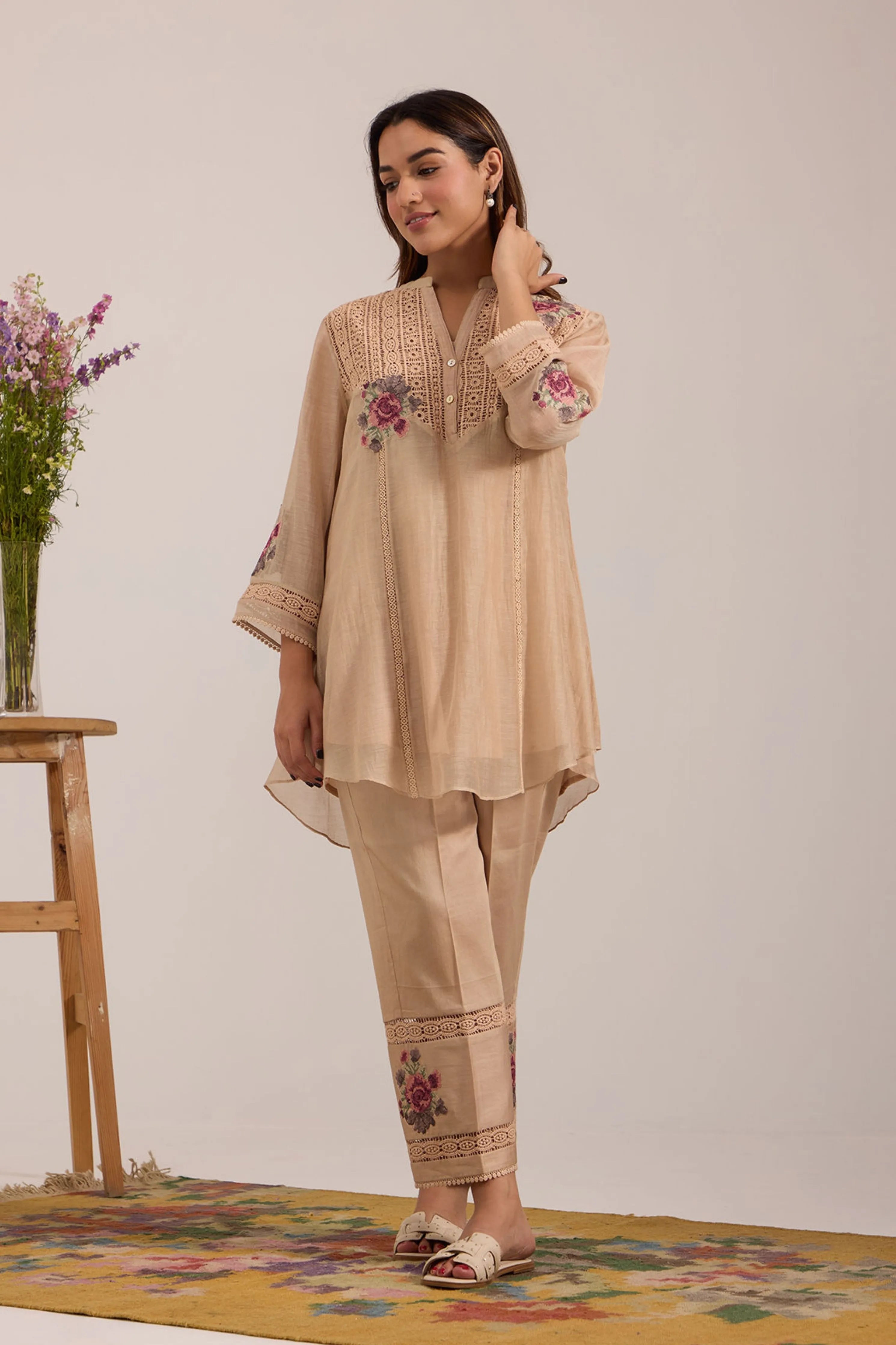 Beige Chanderi Tunic Set