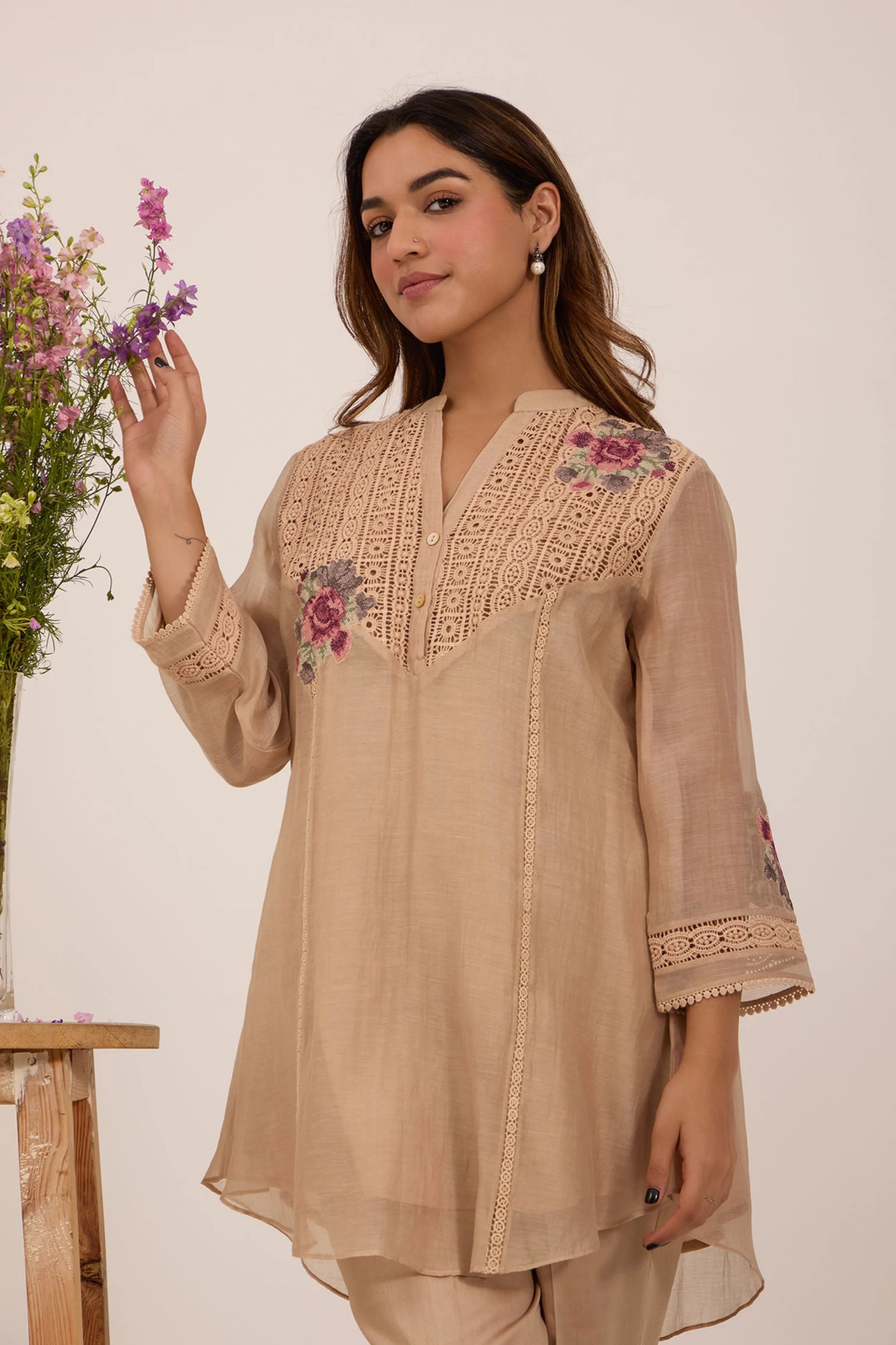 Beige Chanderi Tunic Set