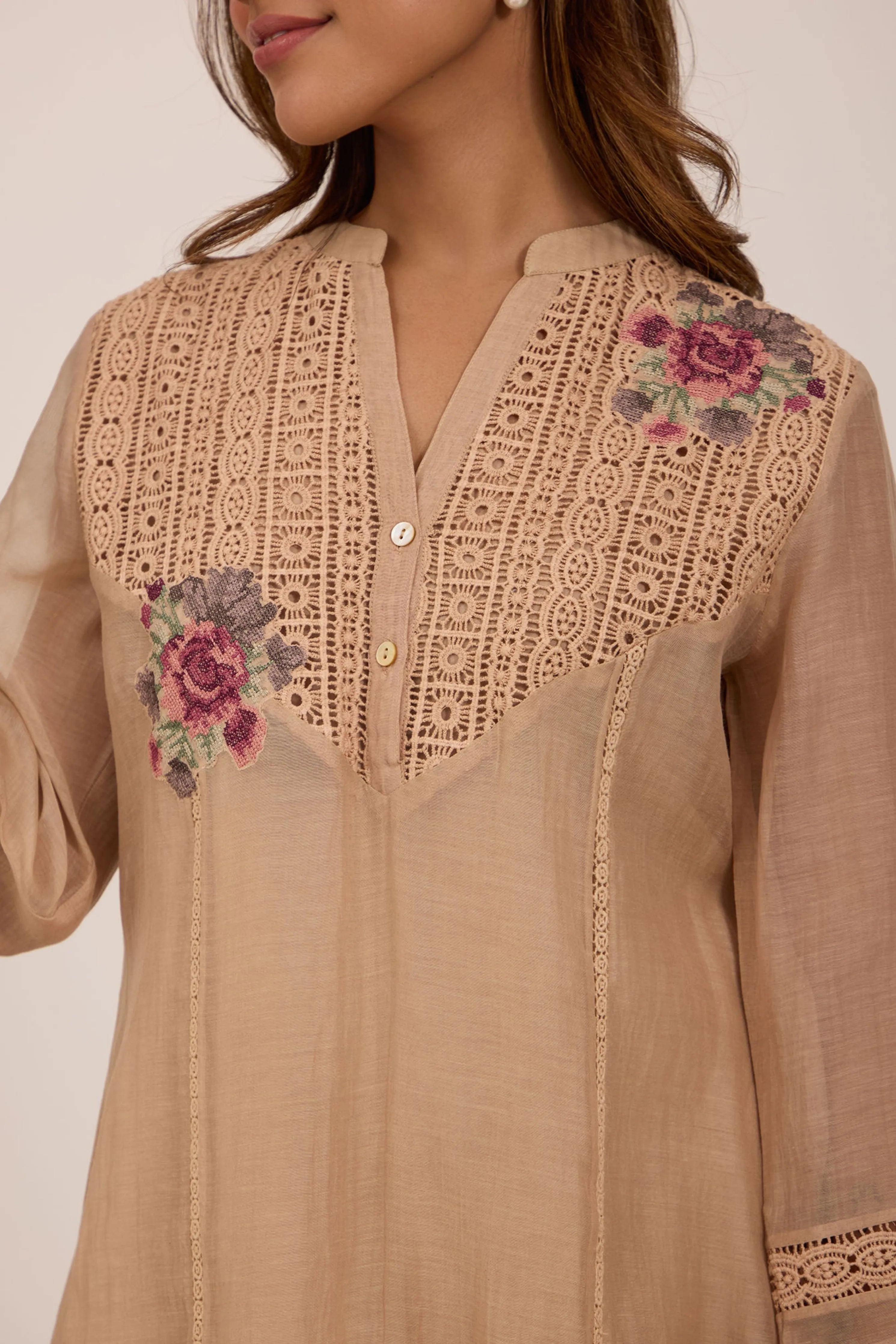 Beige Chanderi Tunic Set