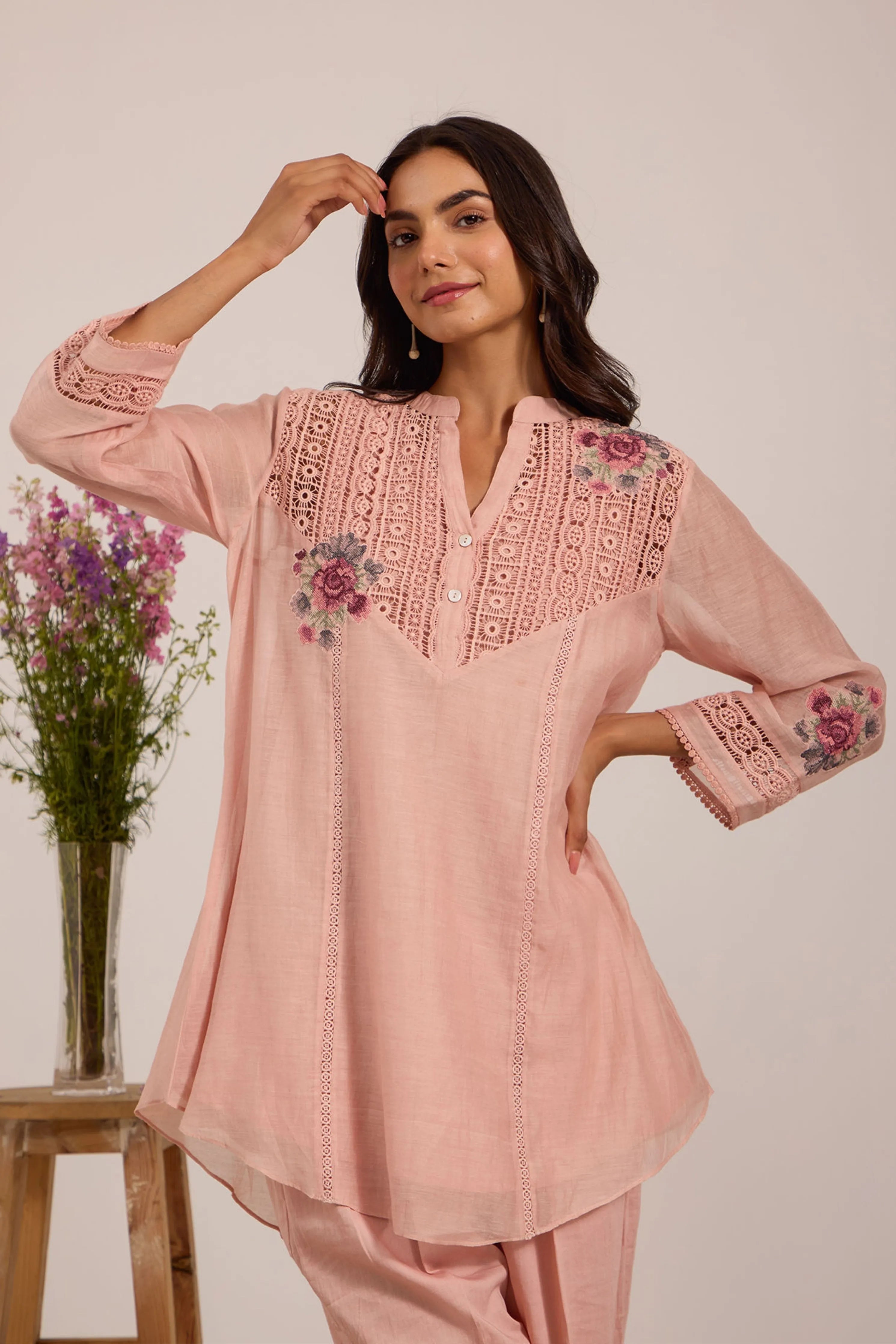 Pink Chanderi Tunic Set