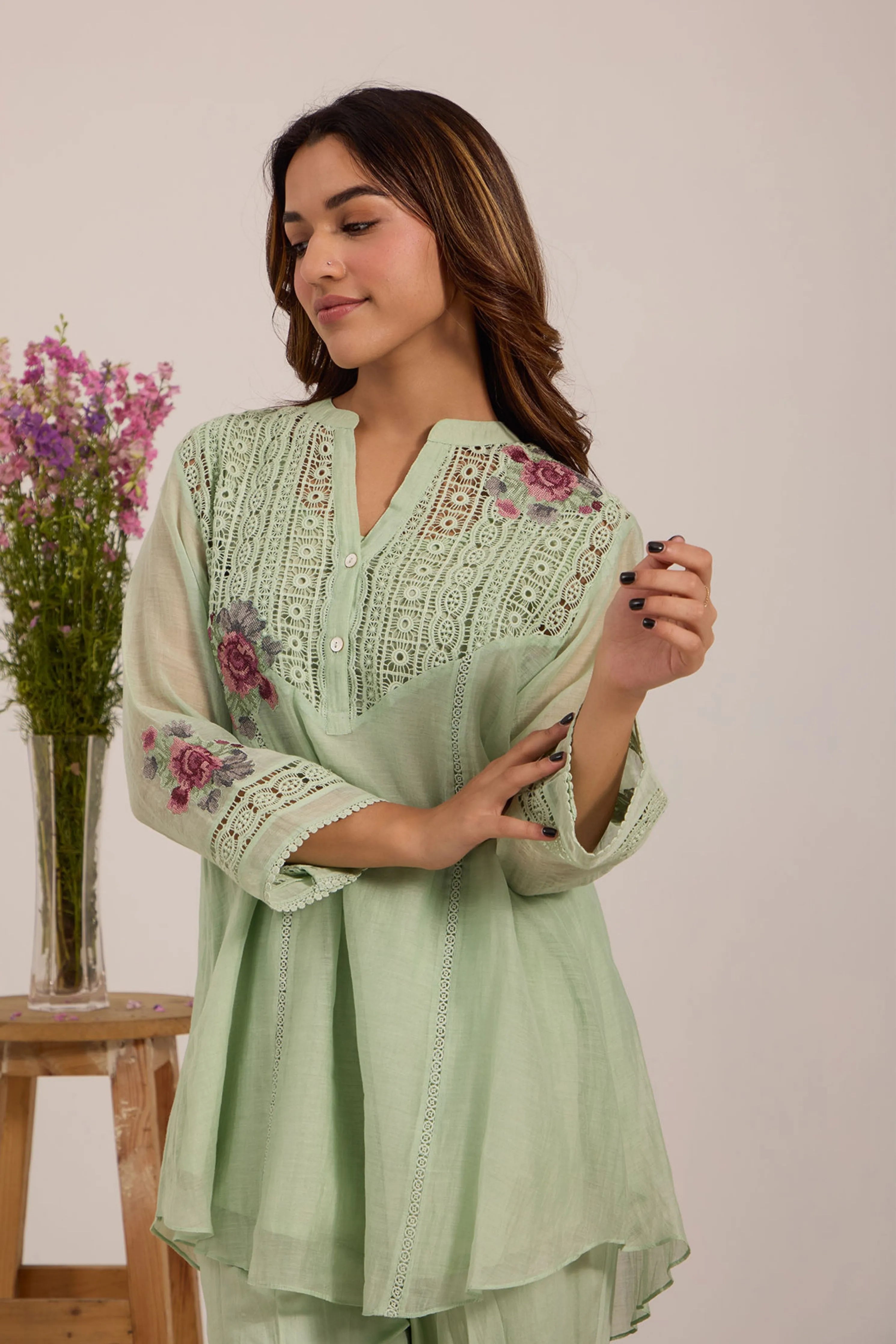 Sea Green Chanderi Tunic Set