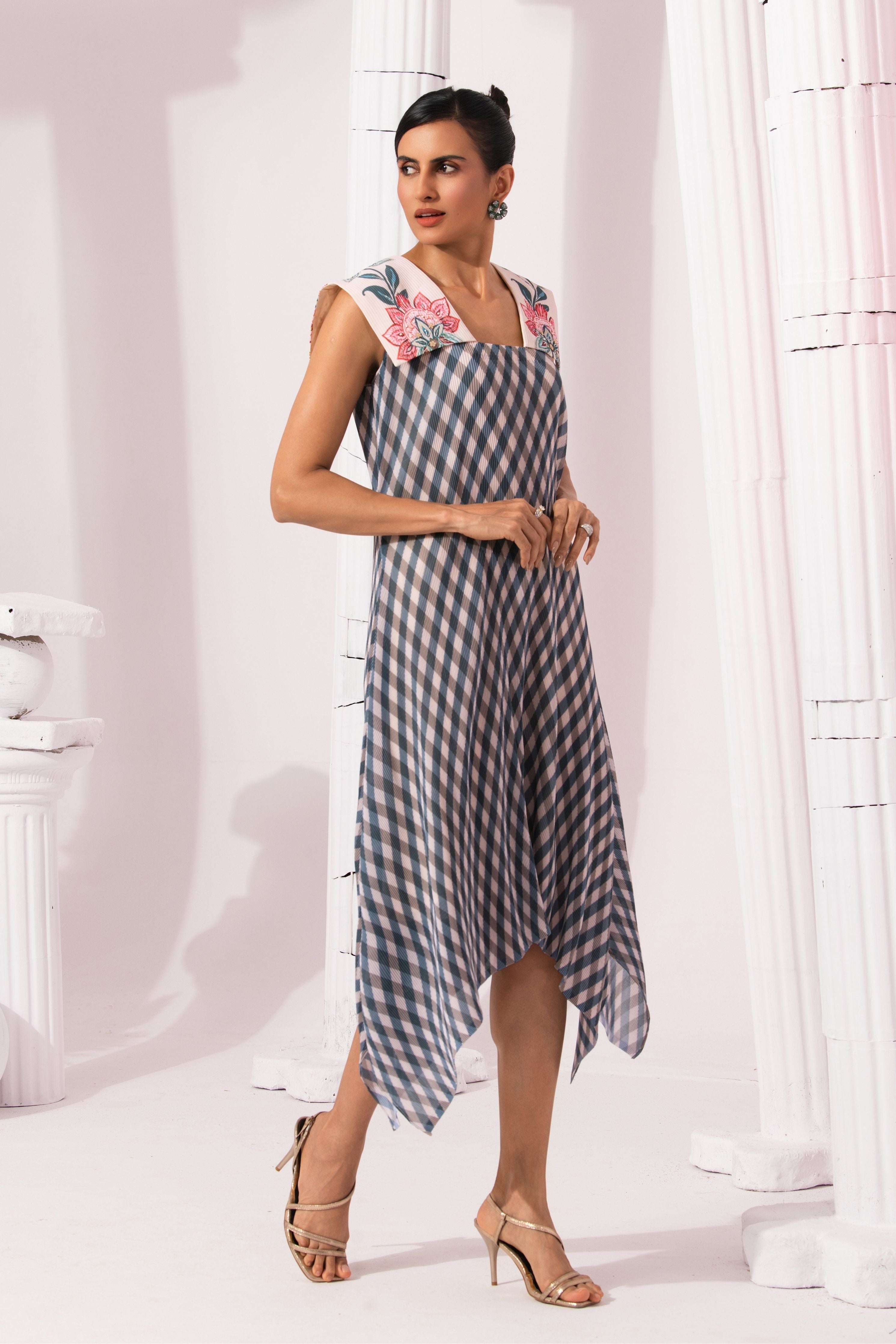 Classic Blue Checks Dress With Wide Square Coller