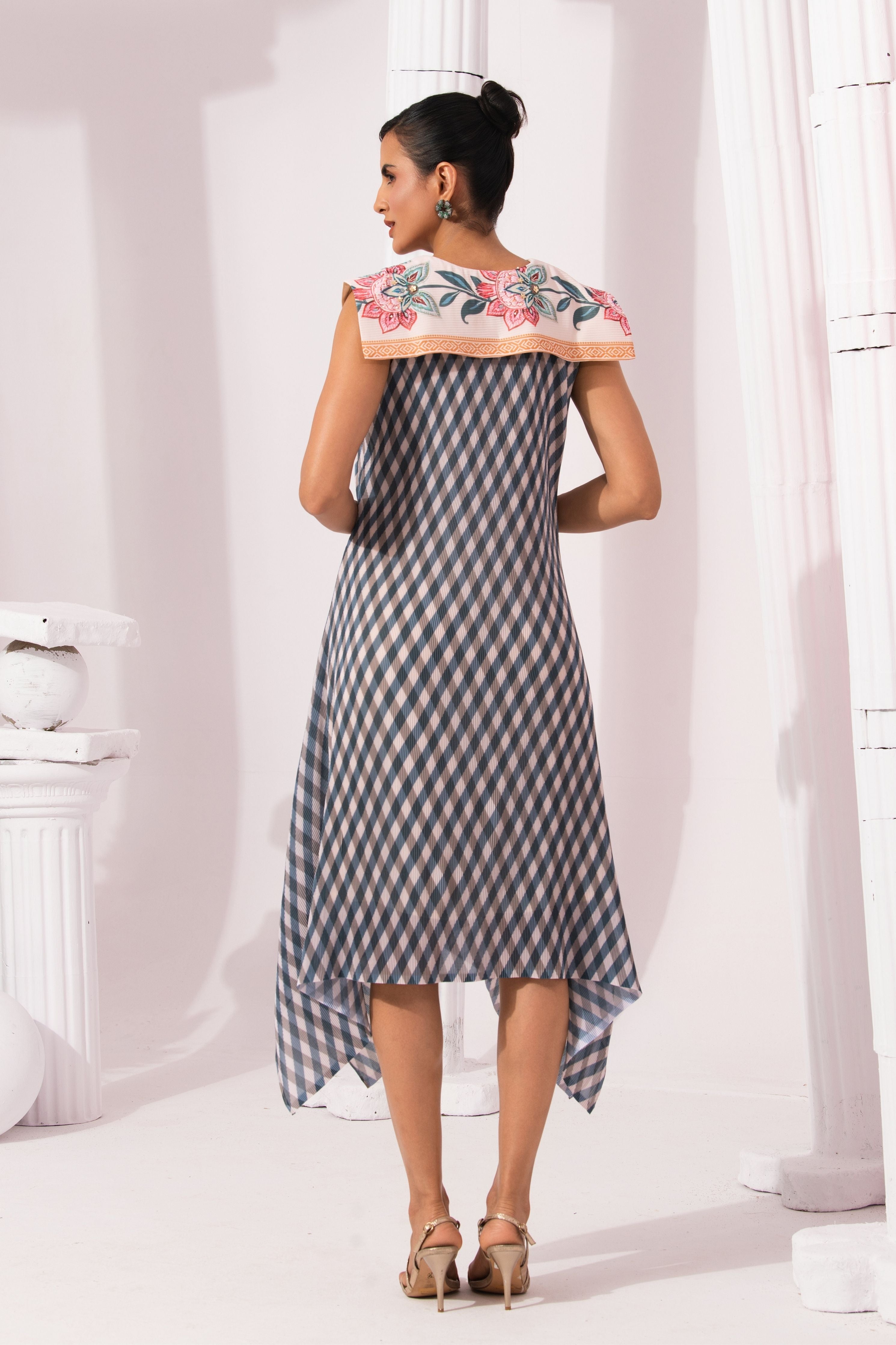 Classic Blue Checks Dress With Wide Square Coller