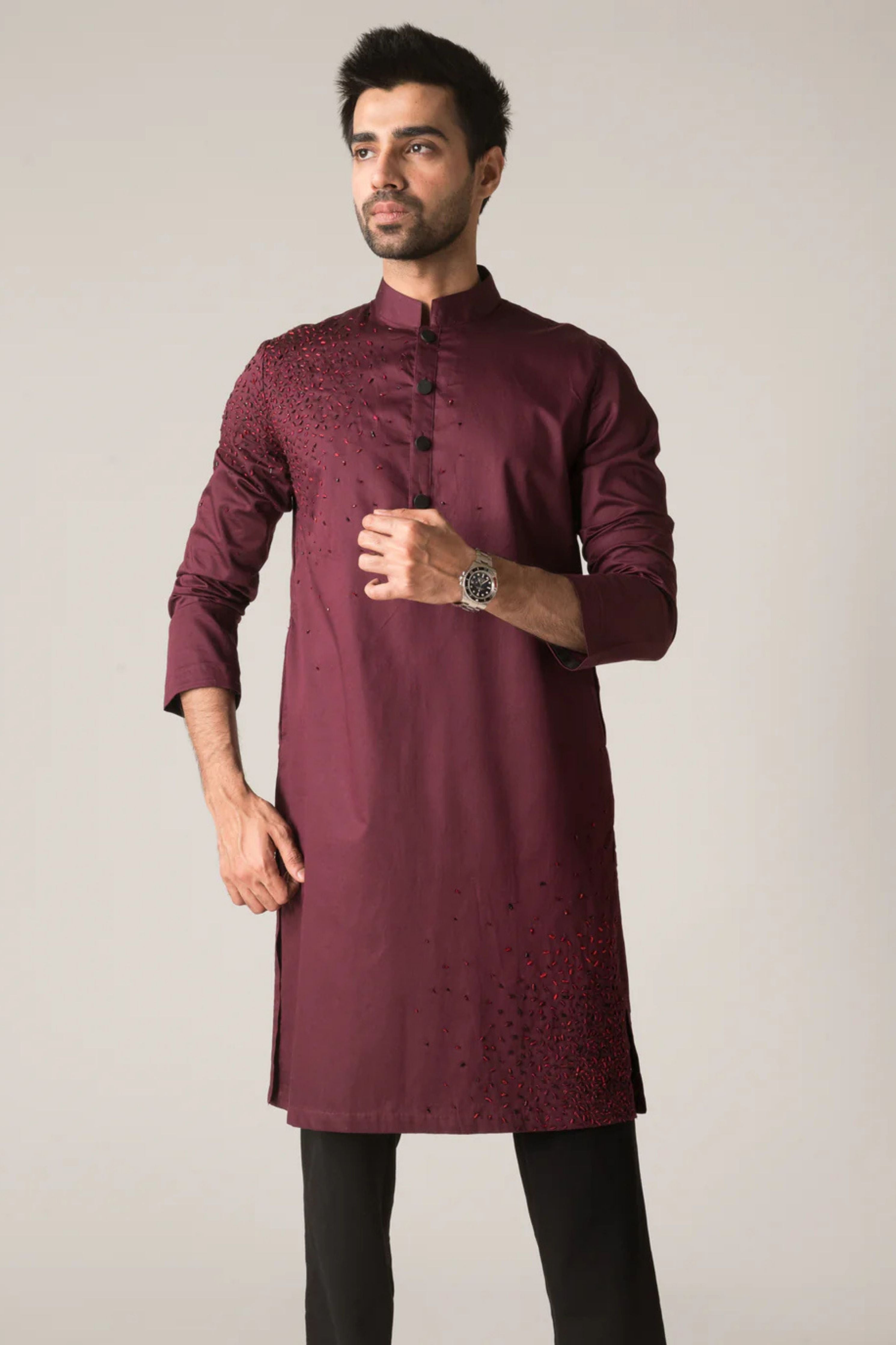 Diffusion Hand-Embroidered Wine Kurta
