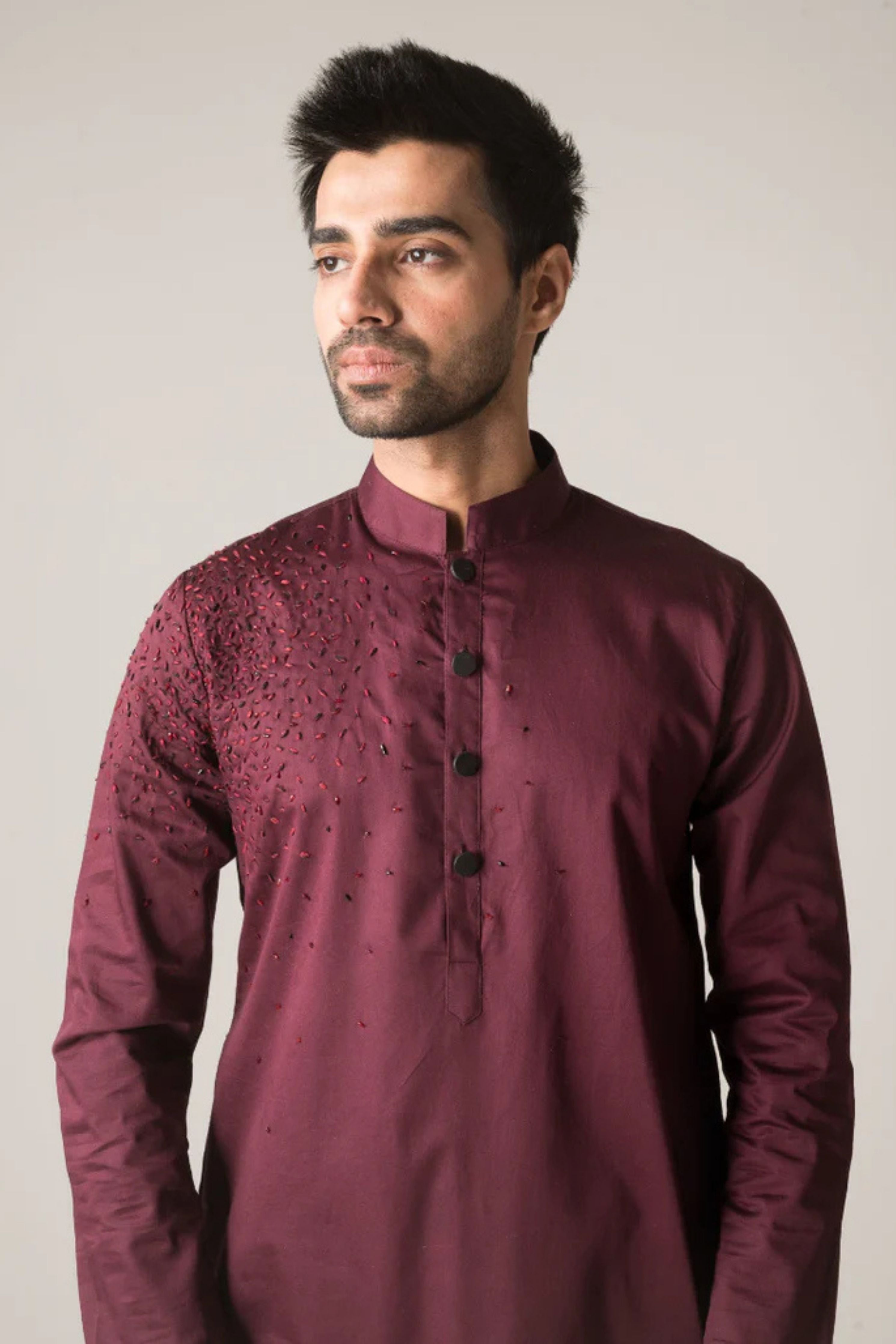 Diffusion Hand-Embroidered Wine Kurta