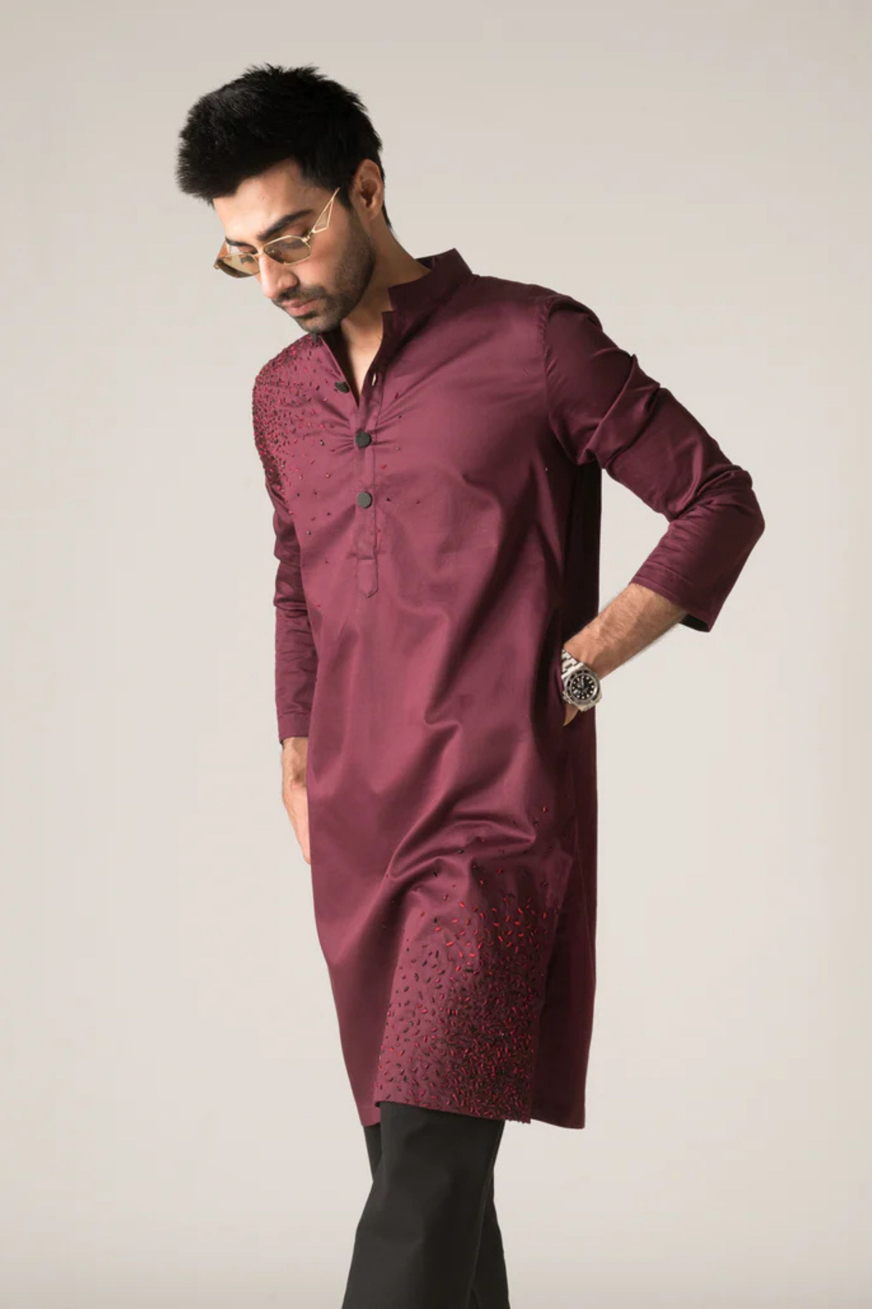 Diffusion Hand-Embroidered Wine Kurta
