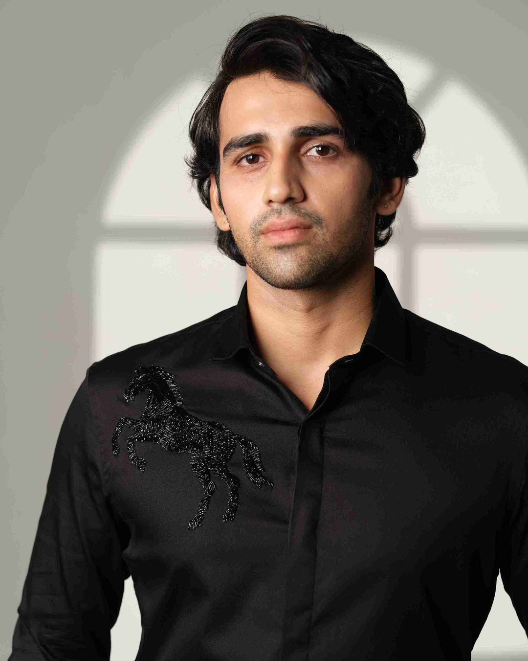 Black Shirt Black Horse On Right Shoulder