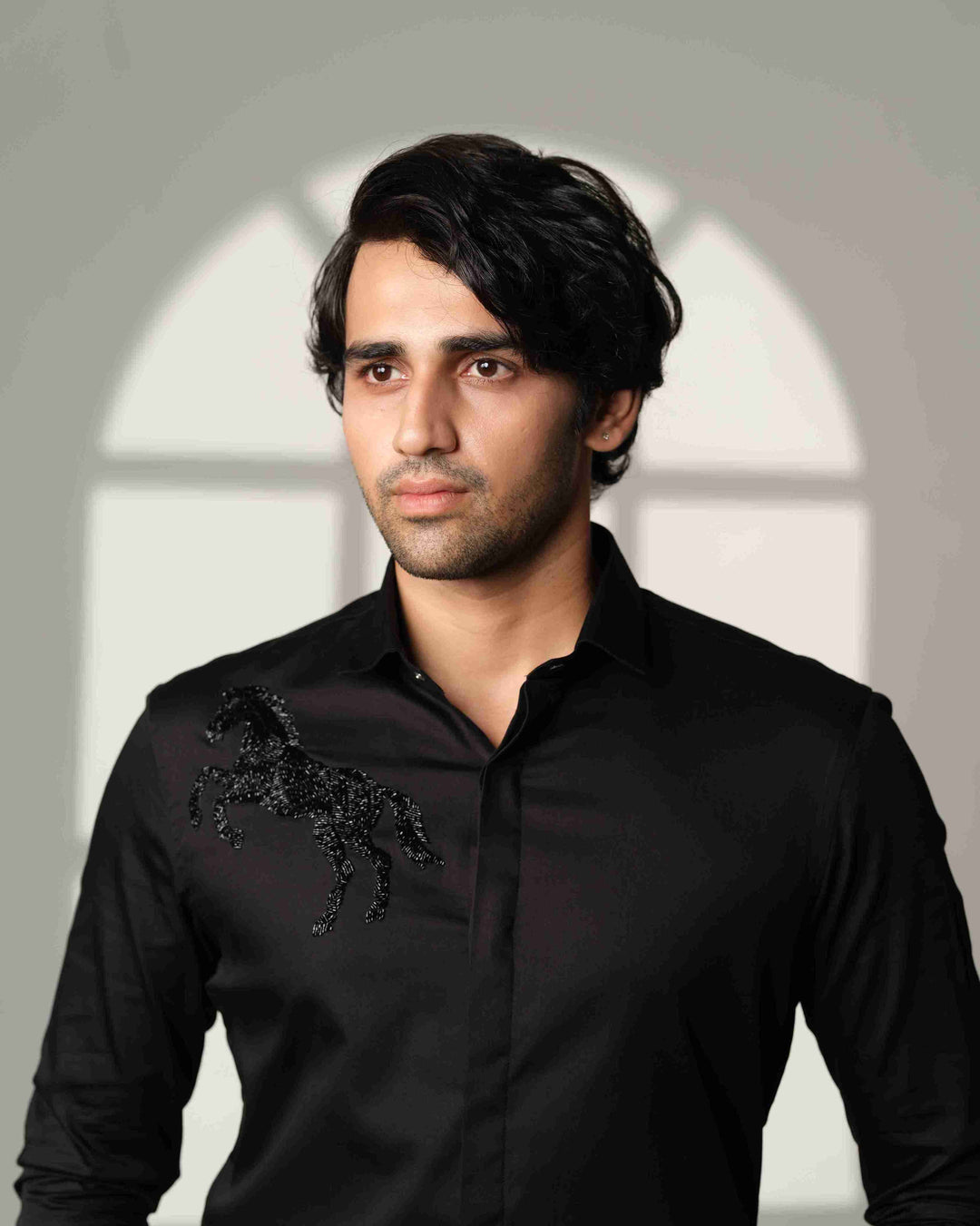 Black Shirt Black Horse On Right Shoulder