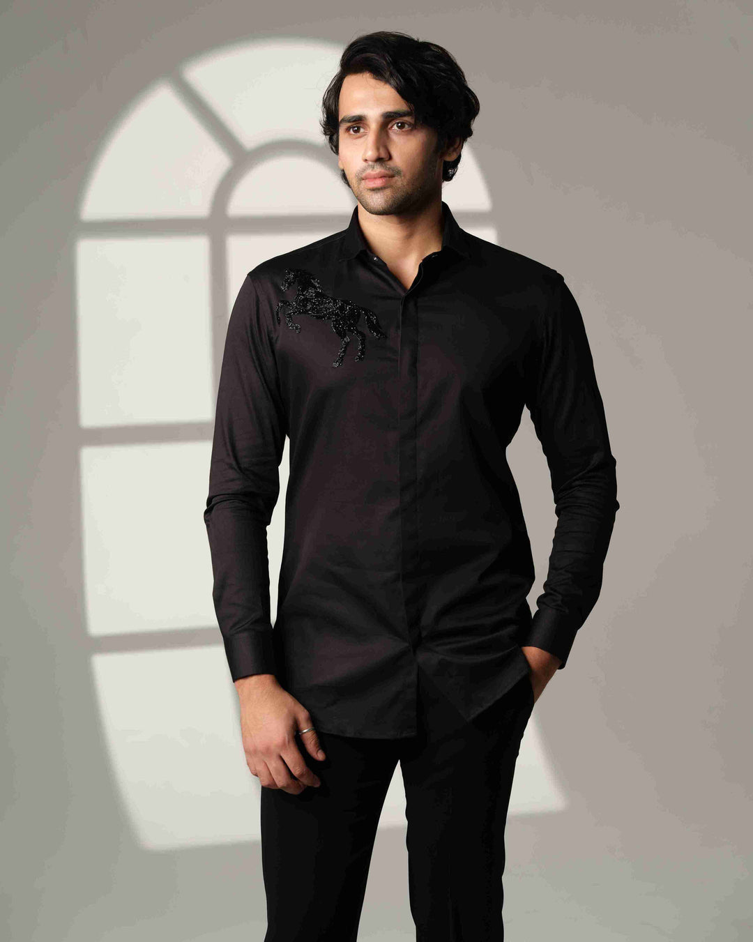 Black Shirt Black Horse On Right Shoulder